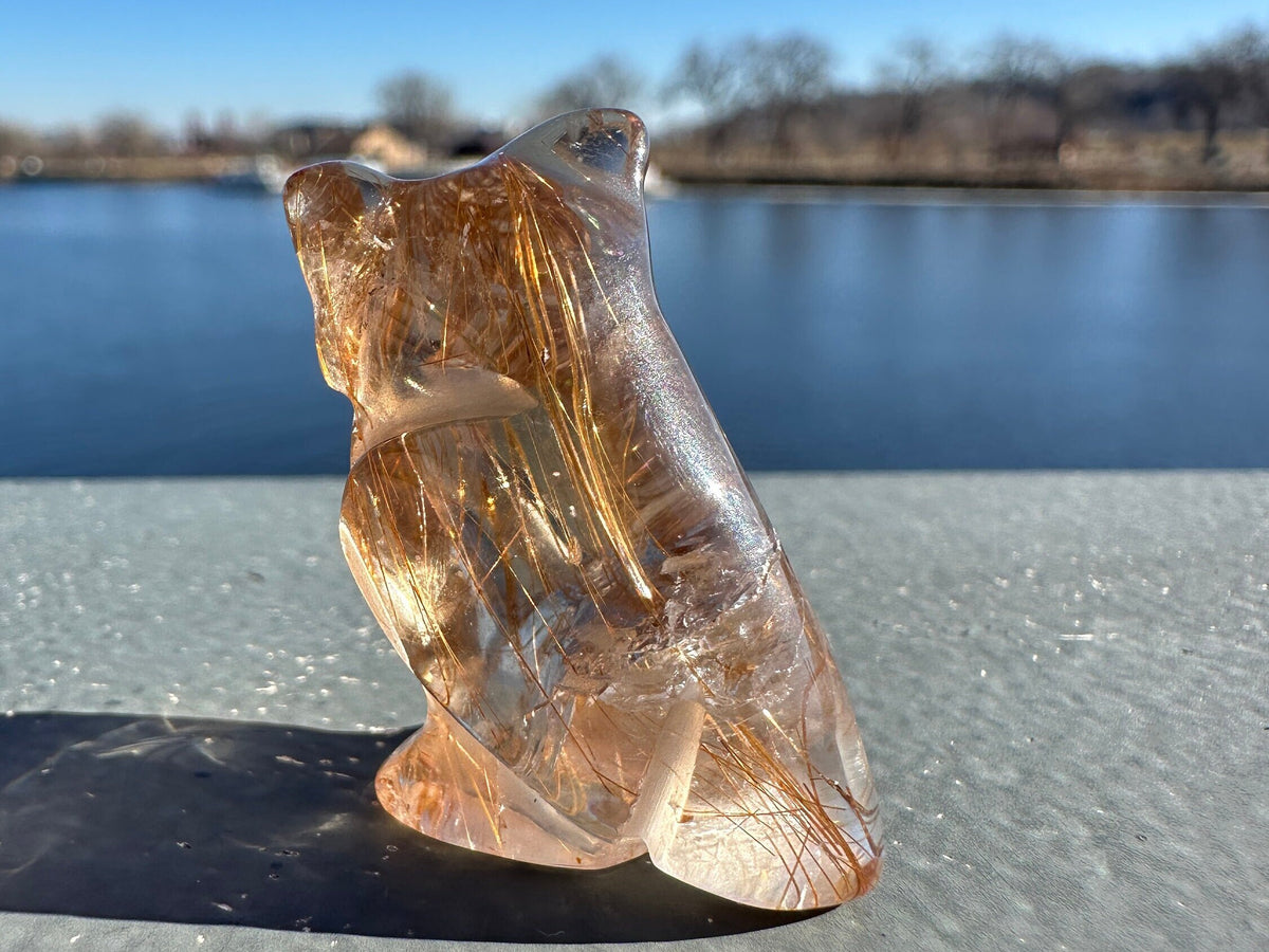 High Grade Golden Rutile Quartz Owl Carving from Brazil | Garden Quartz | Inclusion Quartz