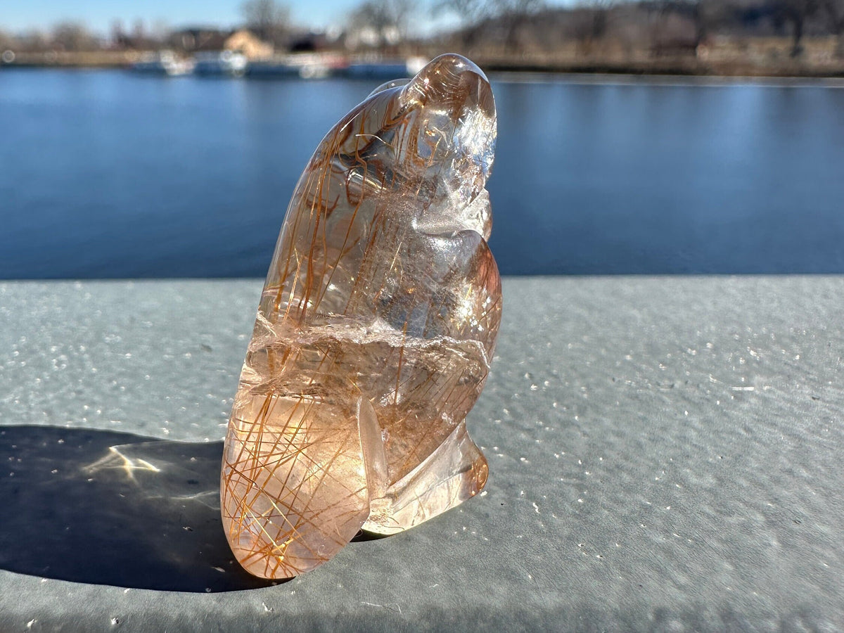 High Grade Golden Rutile Quartz Owl Carving from Brazil | Garden Quartz | Inclusion Quartz