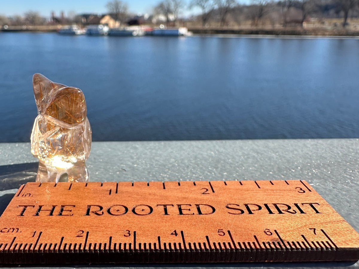 High Grade Golden Rutile Quartz Owl Carving from Brazil | Garden Quartz | Inclusion Quartz