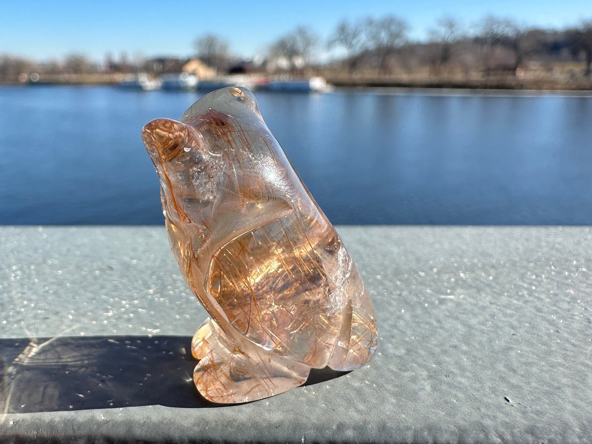 High Grade Golden Rutile Quartz Owl Carving from Brazil | Garden Quartz | Inclusion Quartz