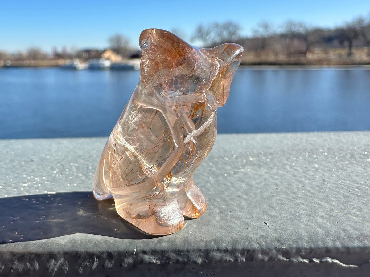 High Grade Golden Rutile Quartz Owl Carving from Brazil | Garden Quartz | Inclusion Quartz
