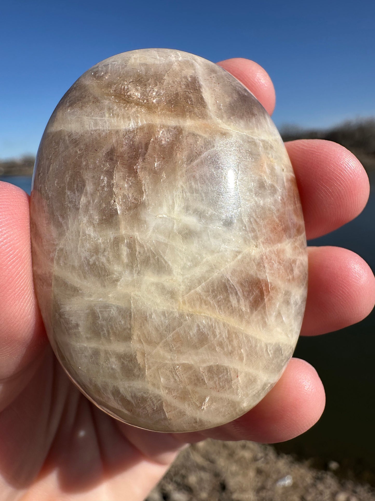 Rare Yin Yang Moonstone Palm Stone from India | Tucson Exclusive