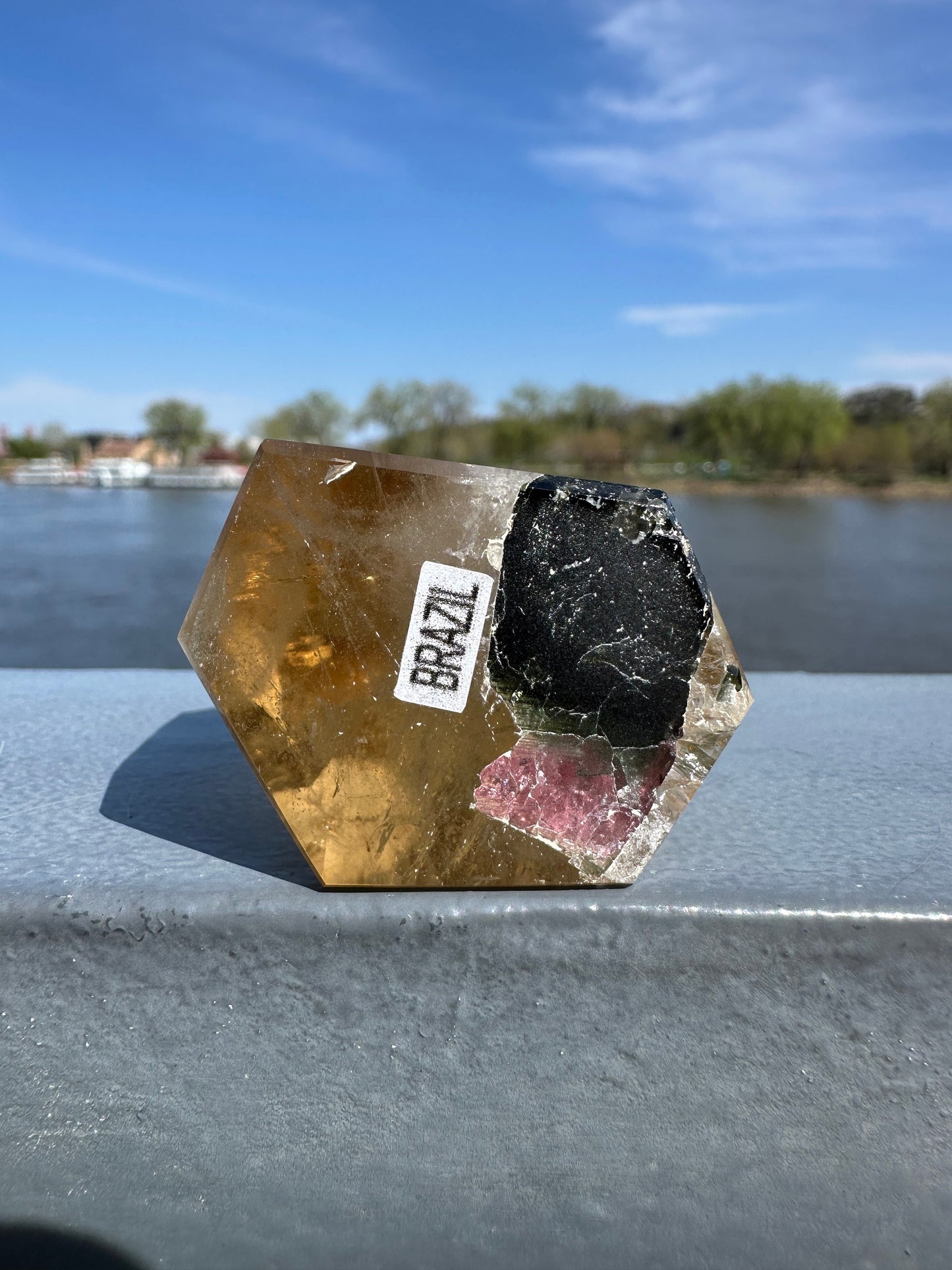 Rare Natural Honey Citrine with Watermelon Tourmaline Tower from Brazil