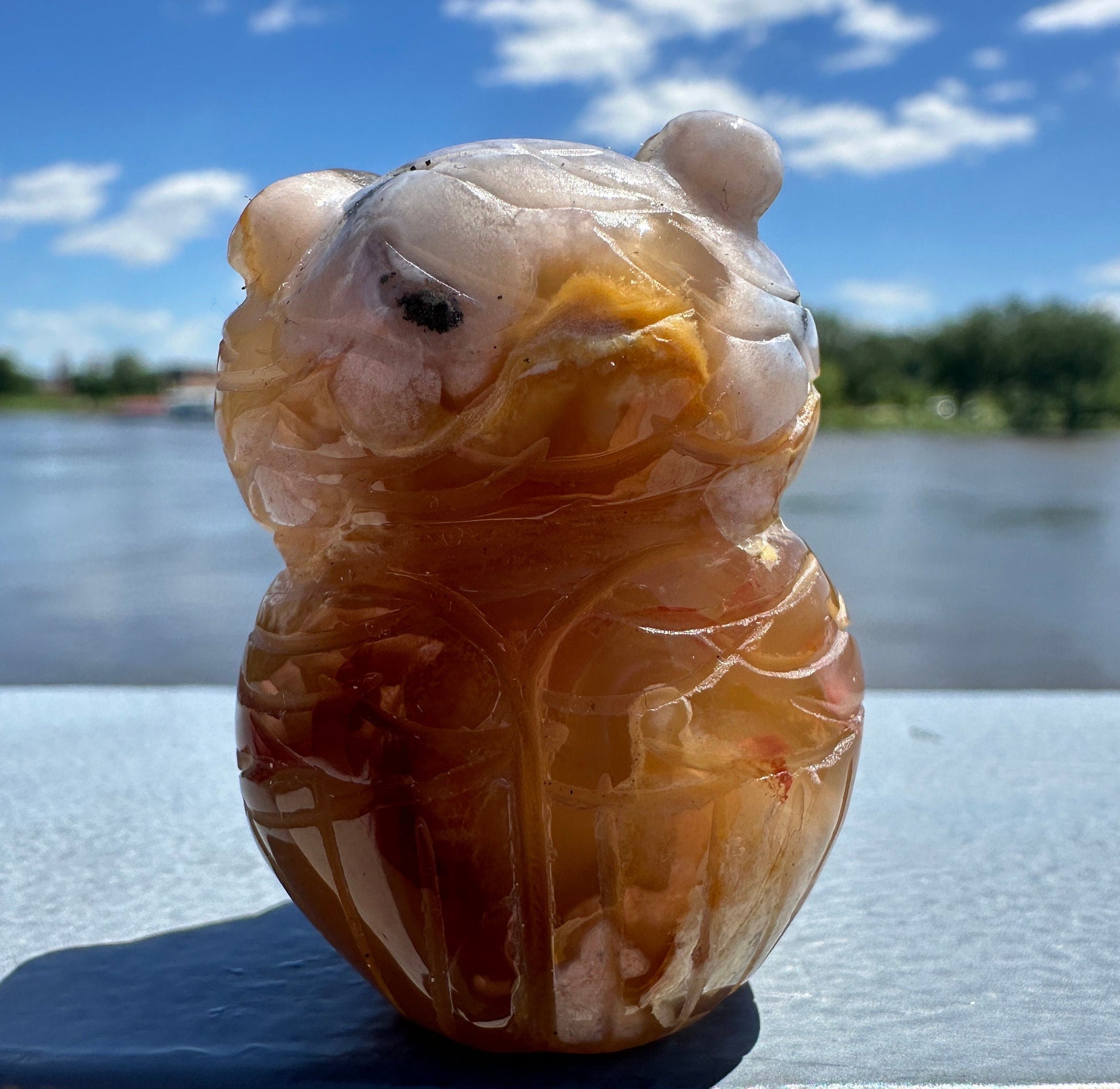 Cute Flower Agate Owl Carving