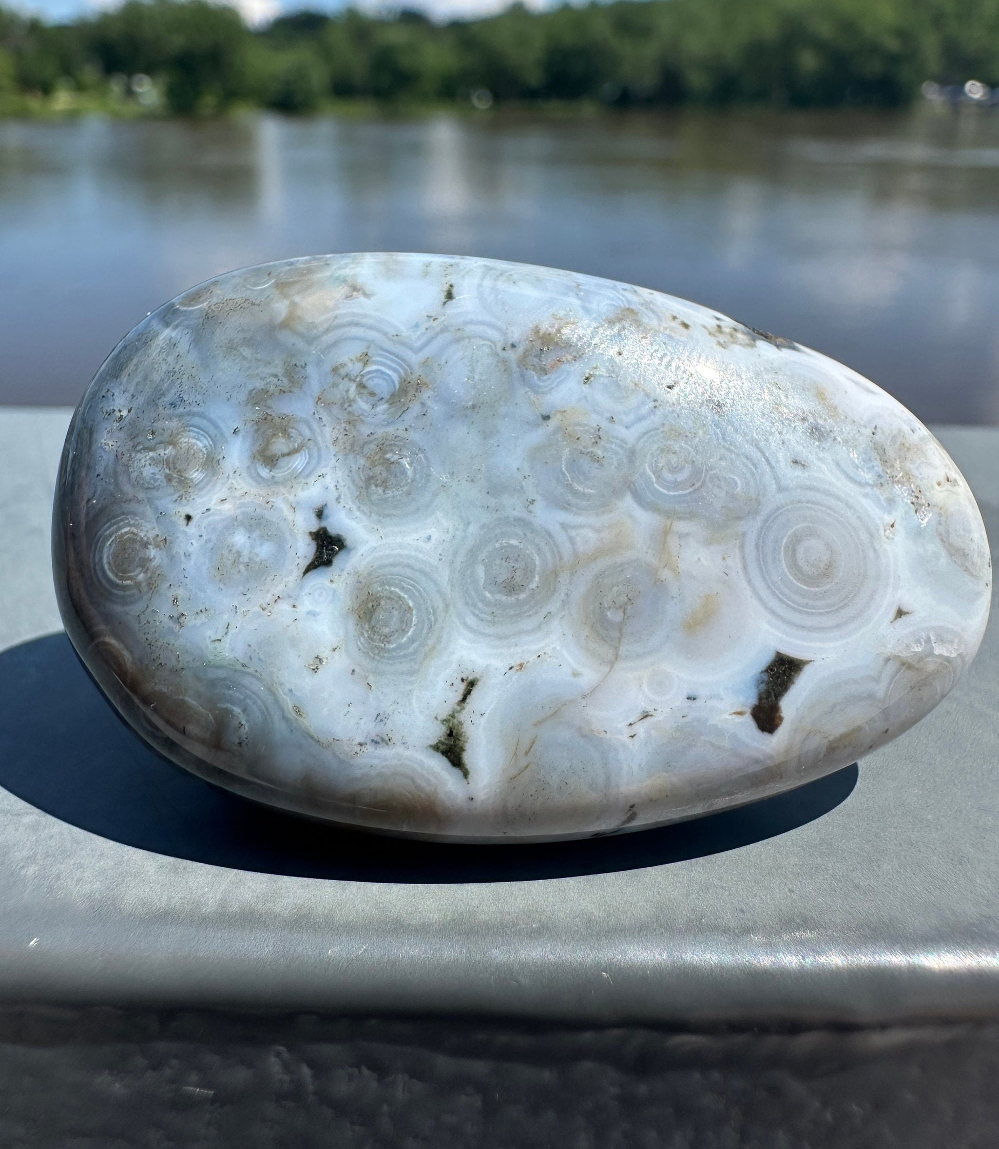 High Quality Orbicular Ocean Jasper Palm Stone