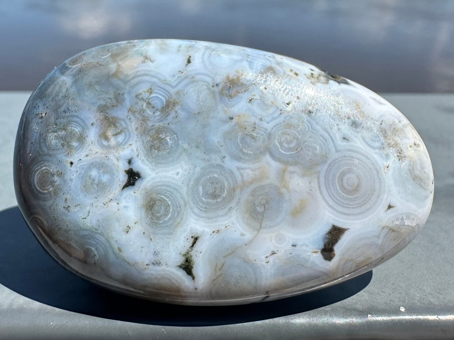 High Quality Orbicular Ocean Jasper Palm Stone