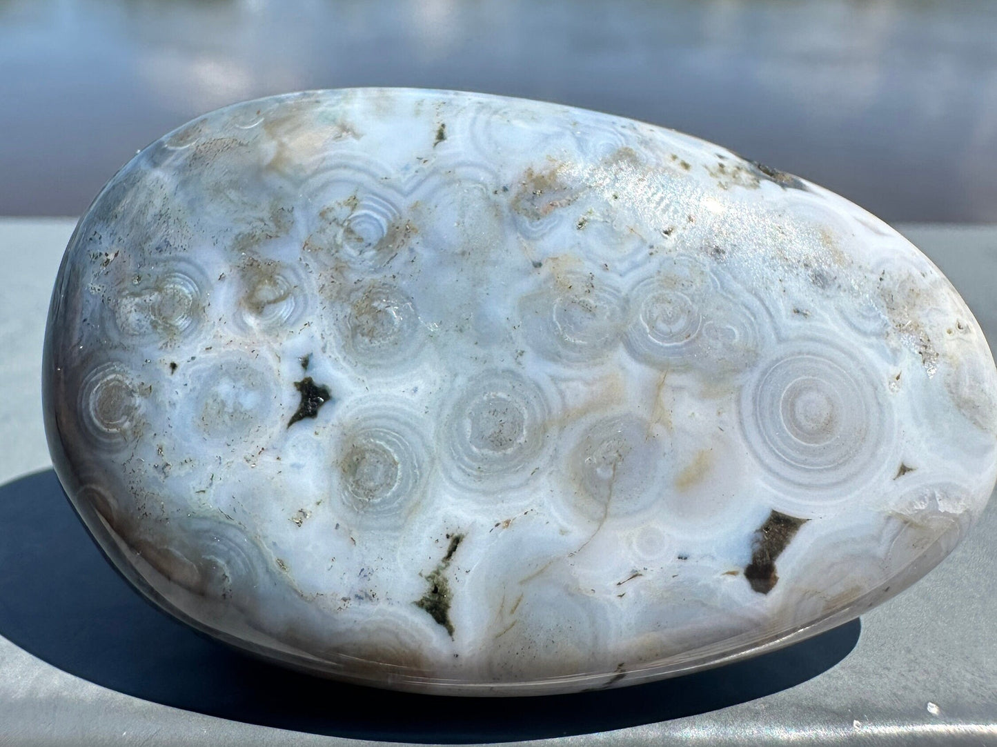 High Quality Orbicular Ocean Jasper Palm Stone