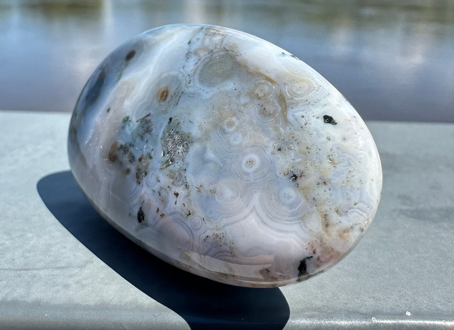 High Quality Orbicular Ocean Jasper Palm Stone