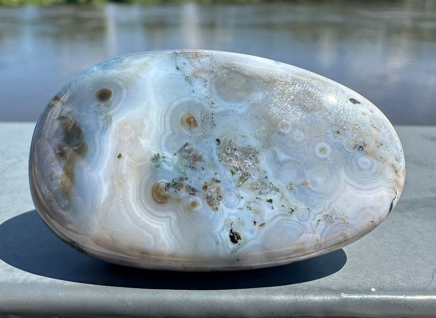 High Quality Orbicular Ocean Jasper Palm Stone