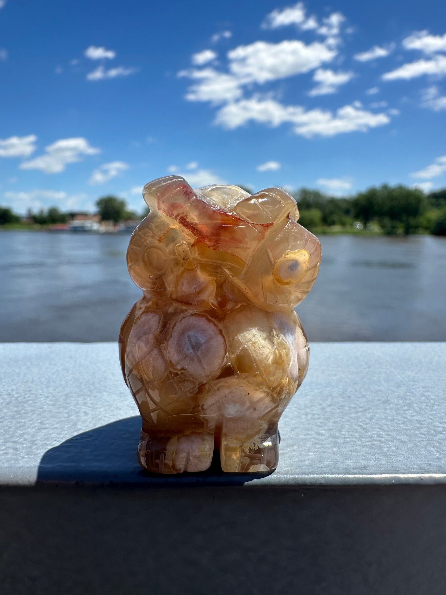 Cute Flower Agate Owl Carving