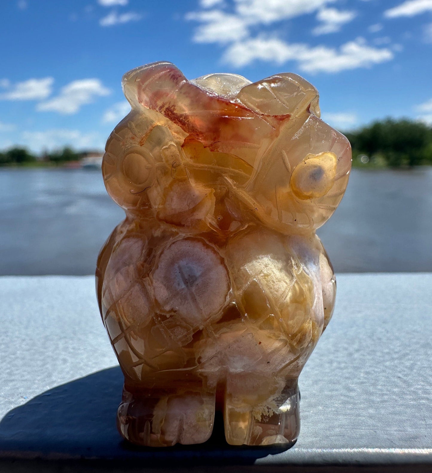 Cute Flower Agate Owl Carving