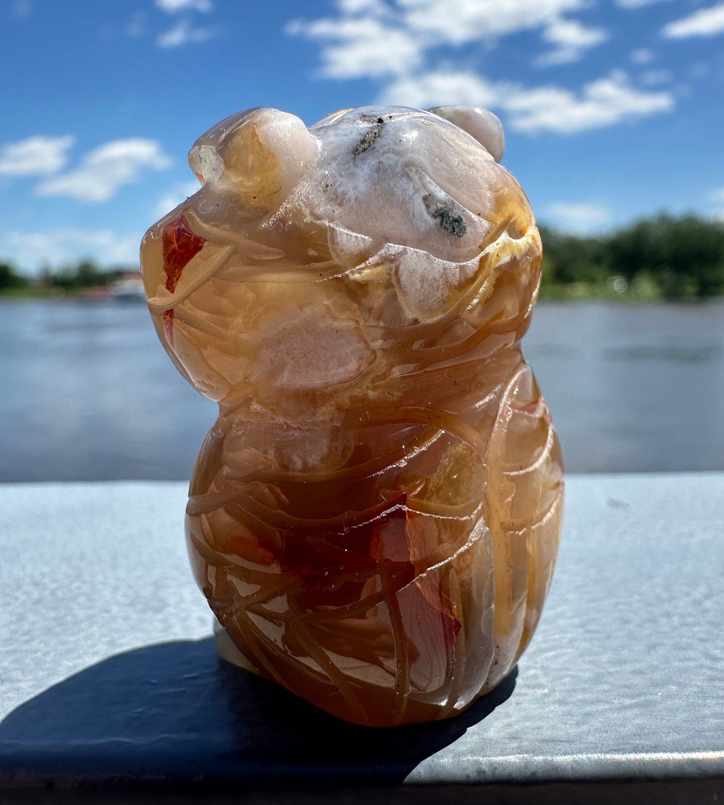 Cute Flower Agate Owl Carving