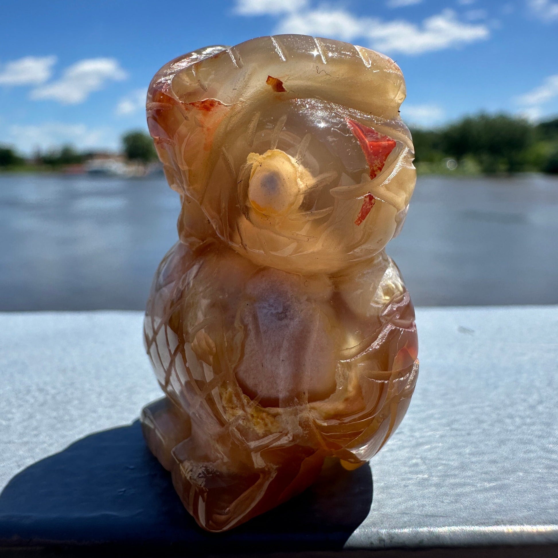 Cute Flower Agate Owl Carving