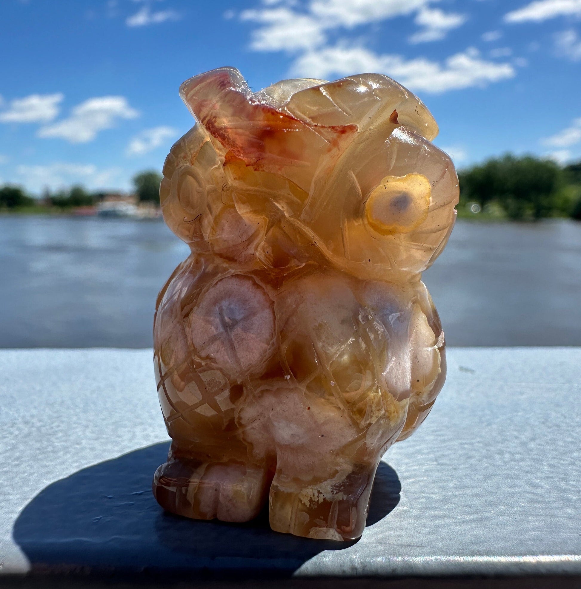 Cute Flower Agate Owl Carving