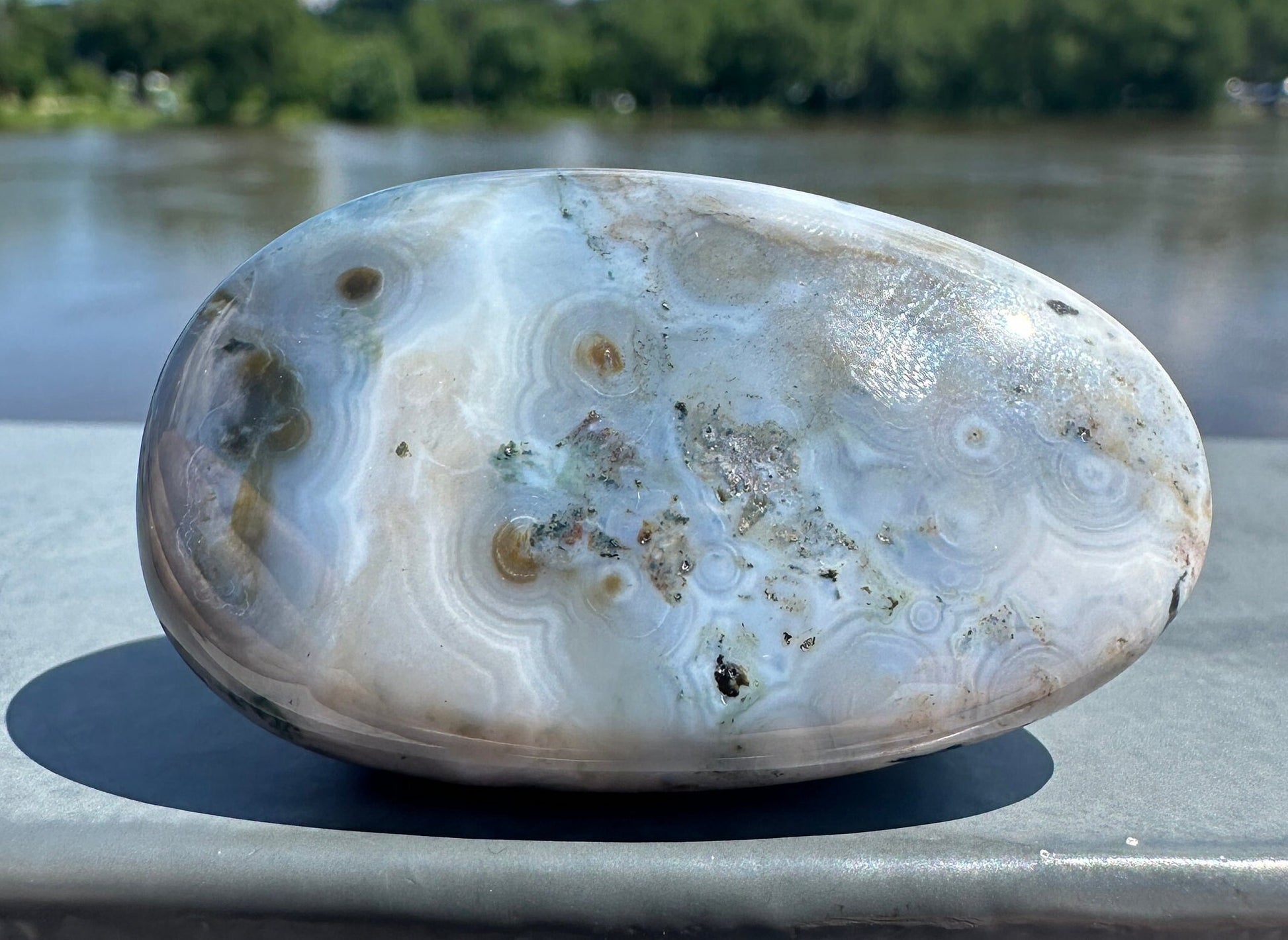 High Quality Orbicular Ocean Jasper Palm Stone