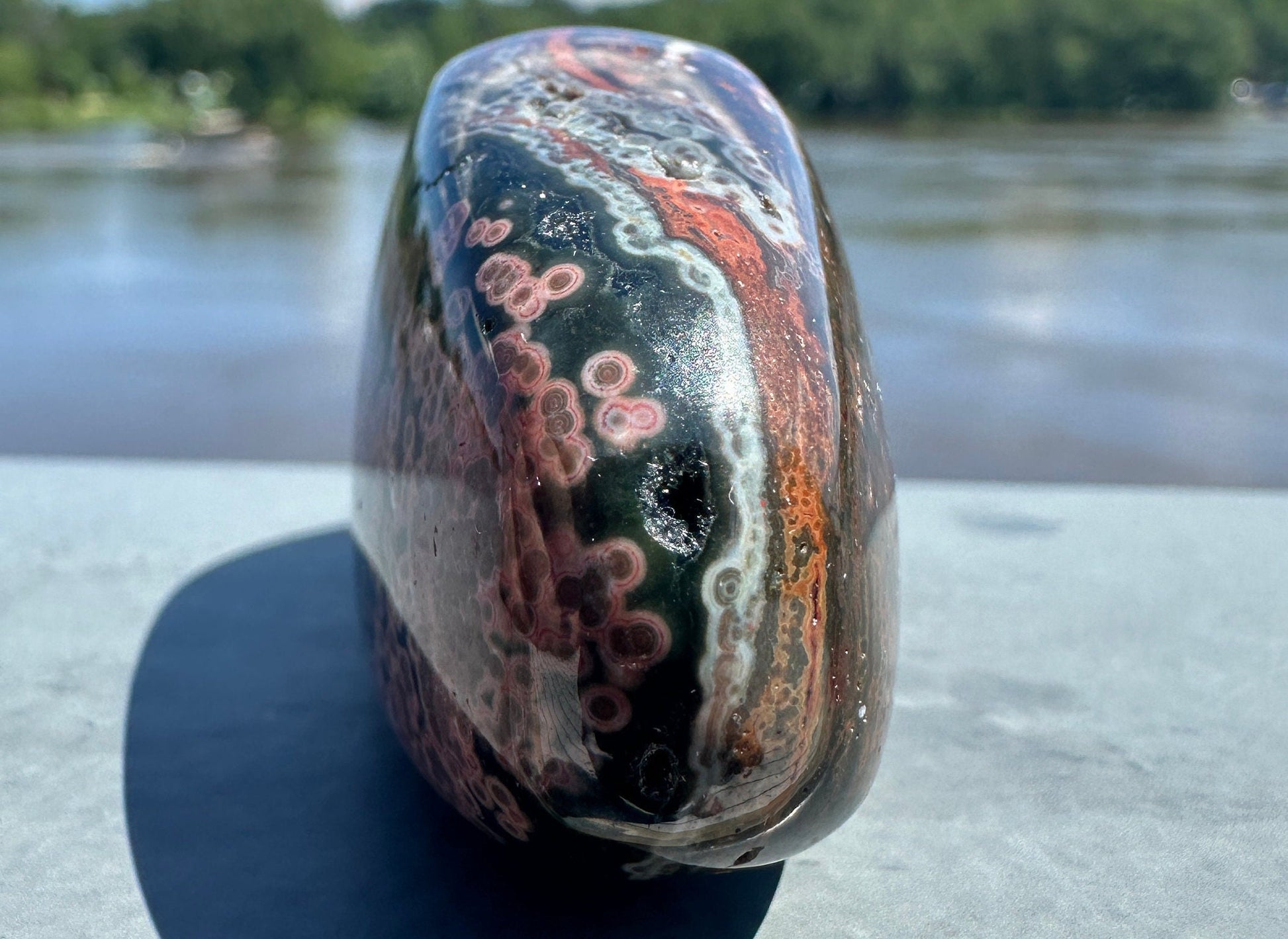 High Quality Orbicular Ocean Jasper Palm Stone