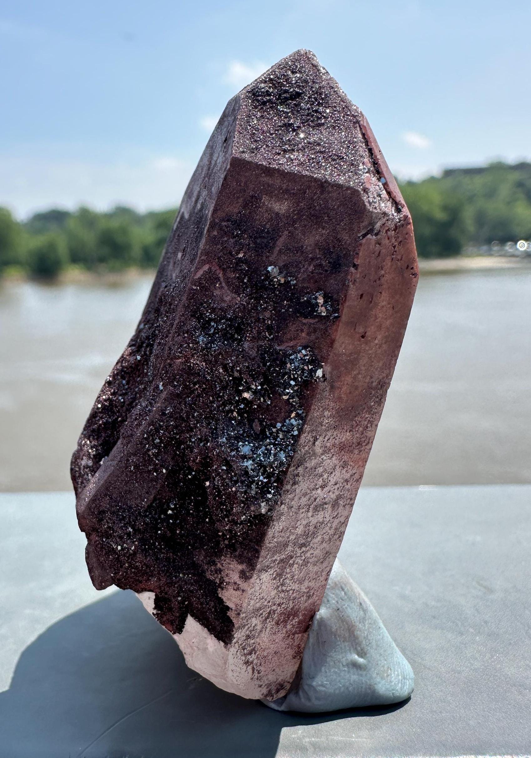 Stunning Deep Red Dragon Lemurian Quartz Crystal Point from Brazil | Raw Red and Silver Hematite coated Quartz Point