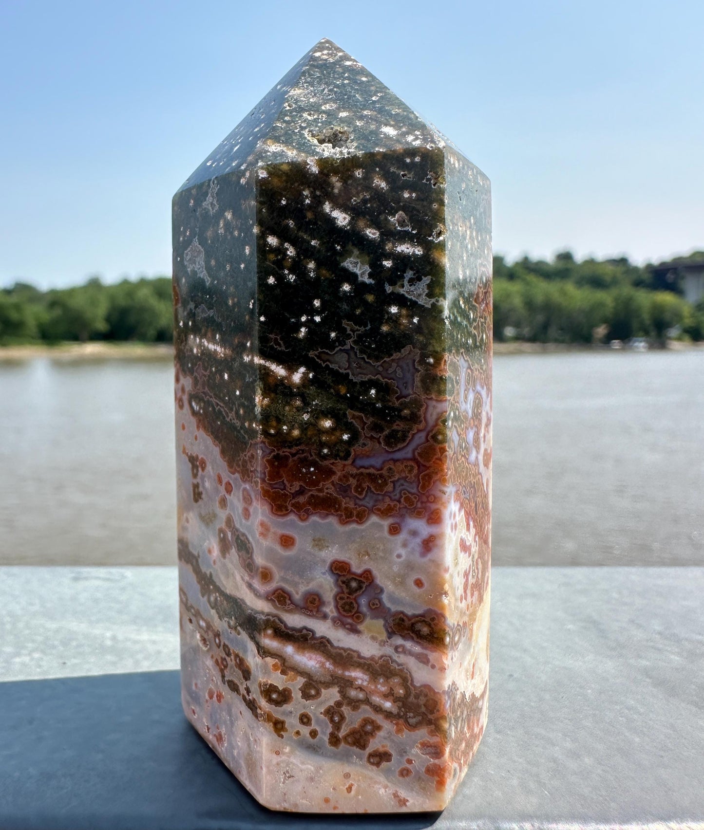 Stunning High Quality Green Orbicular Ocean Jasper Tower