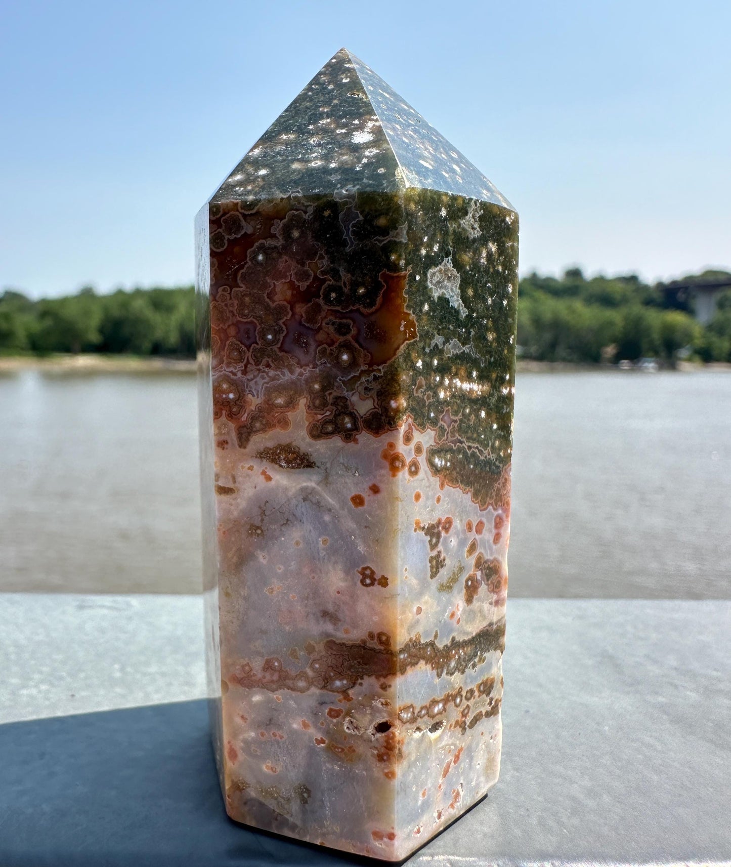 Stunning High Quality Green Orbicular Ocean Jasper Tower