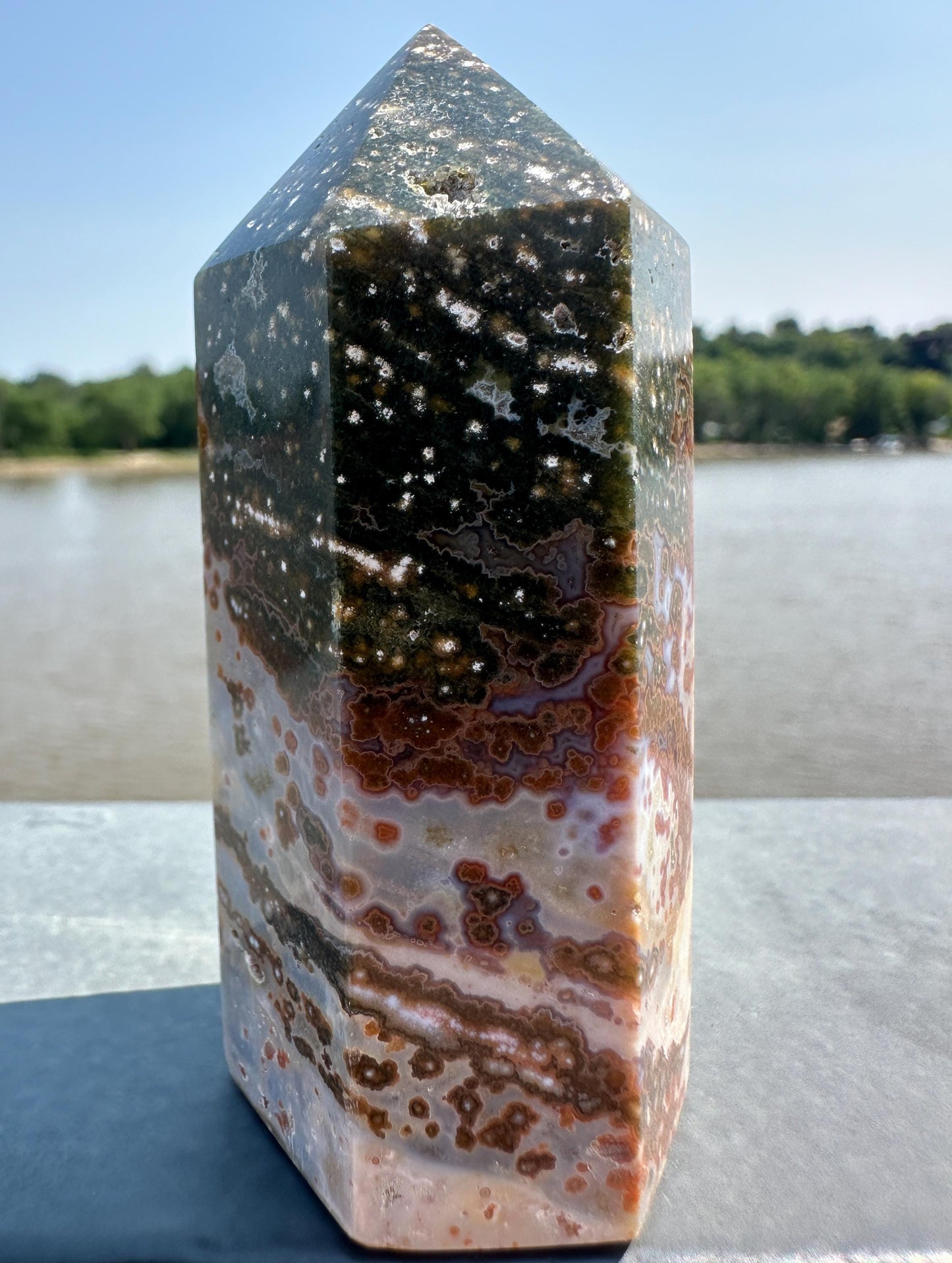 Stunning High Quality Green Orbicular Ocean Jasper Tower