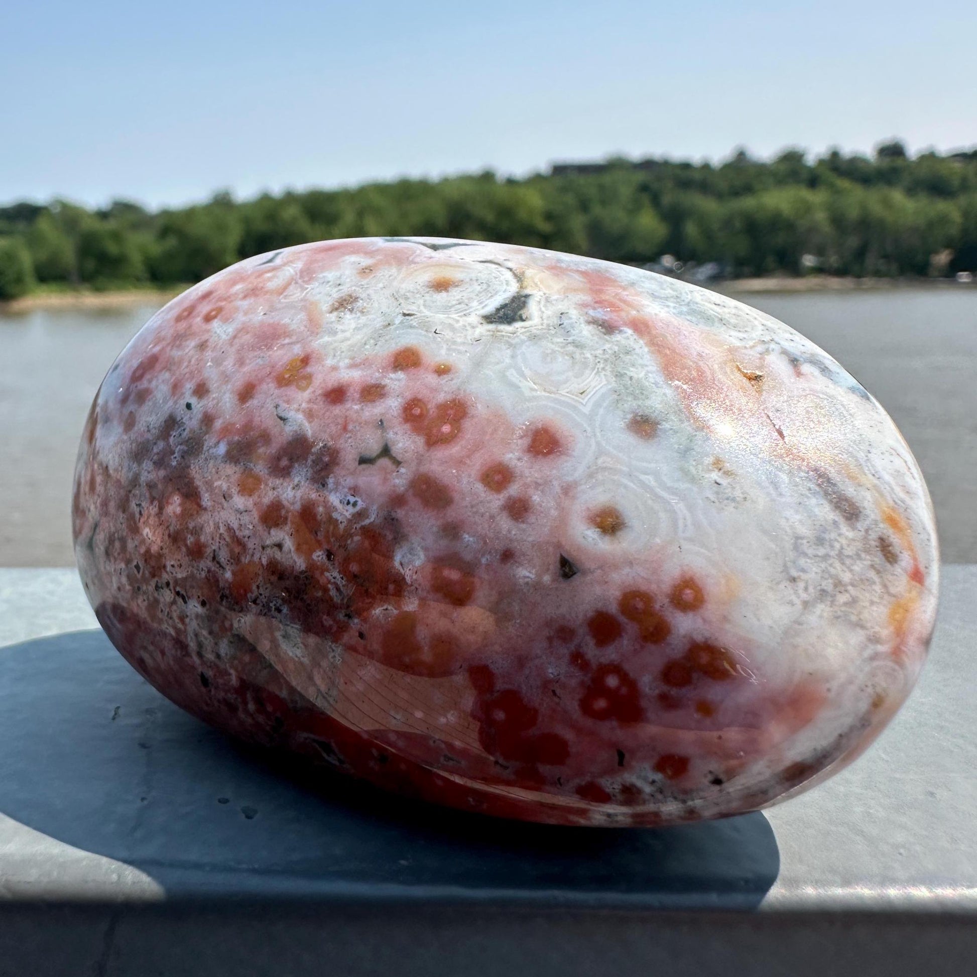 High Quality Orbicular Ocean Jasper Palm Stone