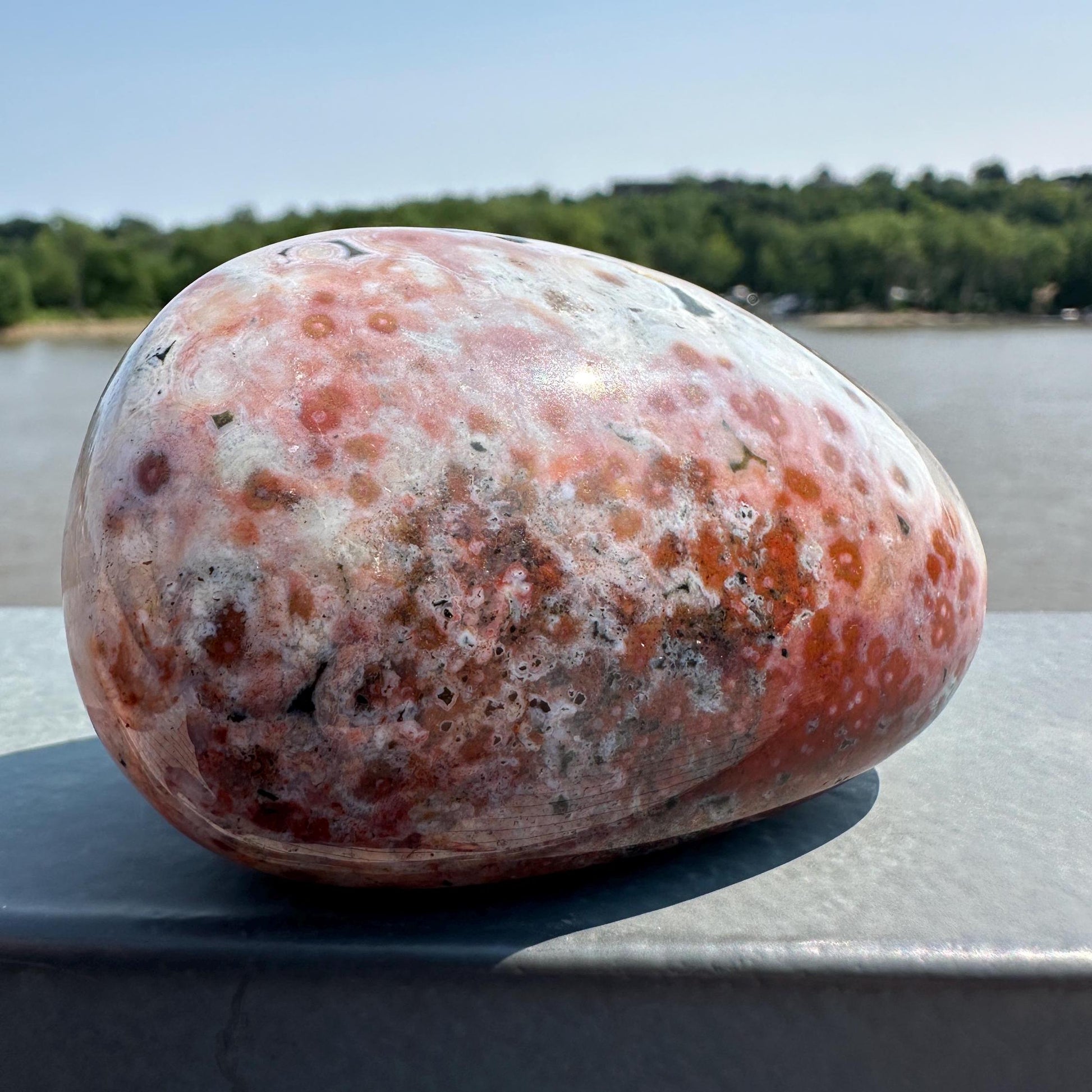 High Quality Orbicular Ocean Jasper Palm Stone