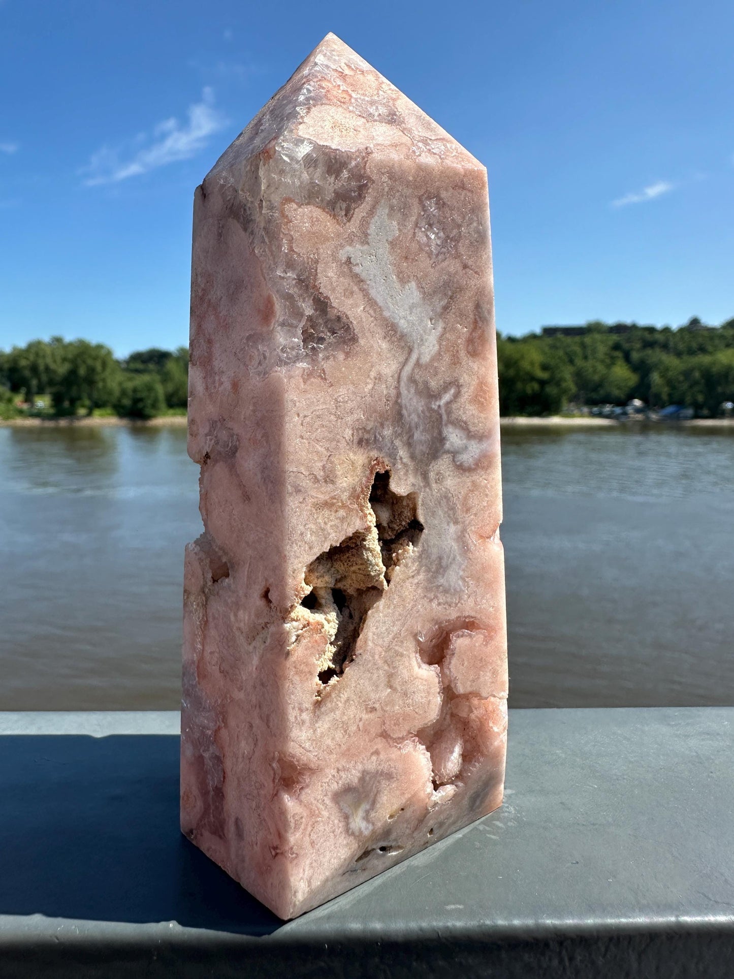 Stunning Pink Amethyst Flower Agate Large Polished Tower with Druzy