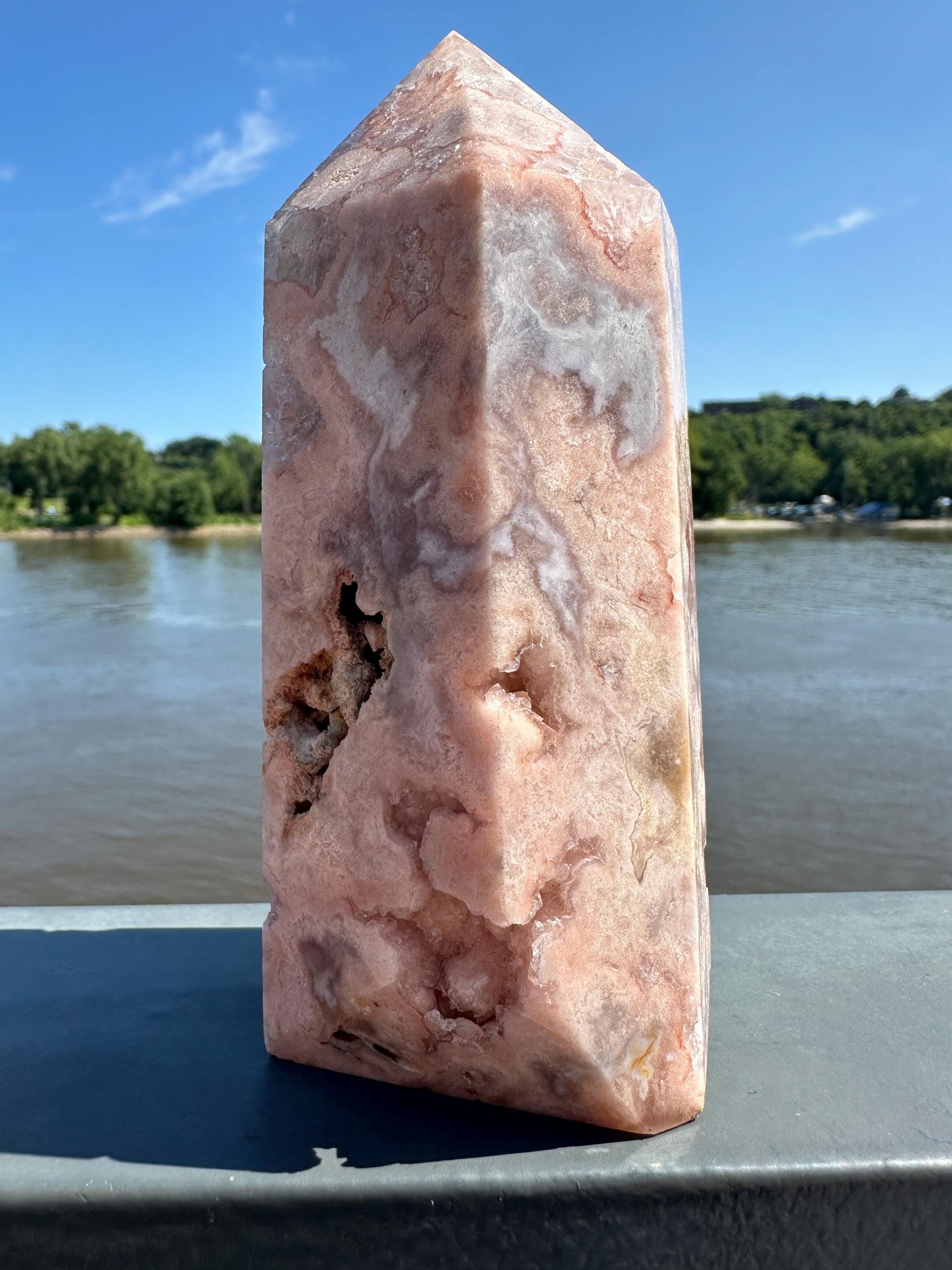 Stunning Pink Amethyst Flower Agate Large Polished Tower with Druzy