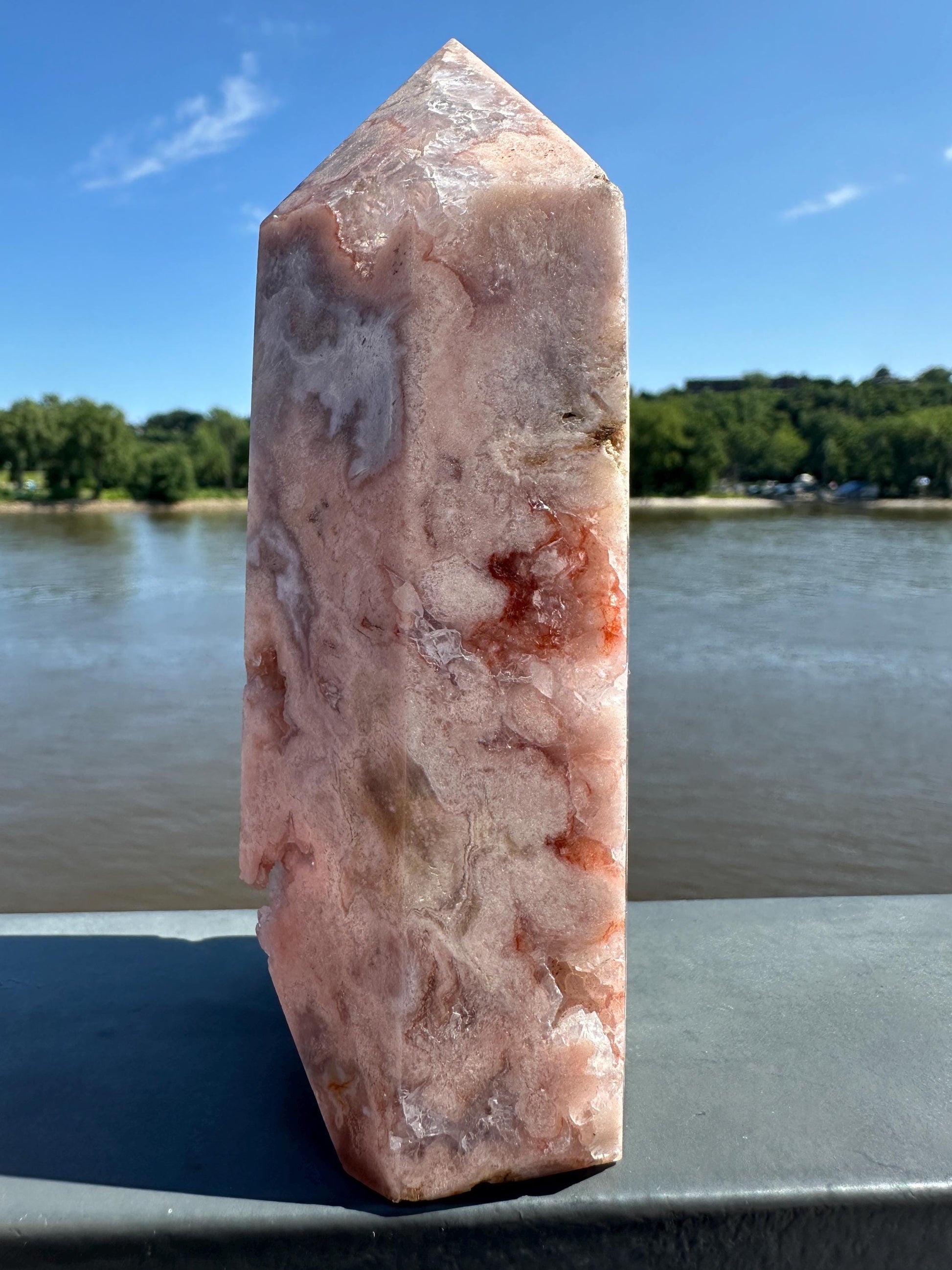 Stunning Pink Amethyst Flower Agate Large Polished Tower with Druzy