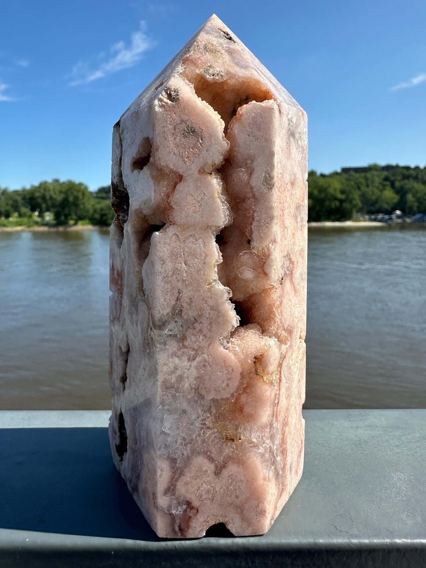 Stunning Pink Amethyst Flower Agate Large Polished Tower with Druzy