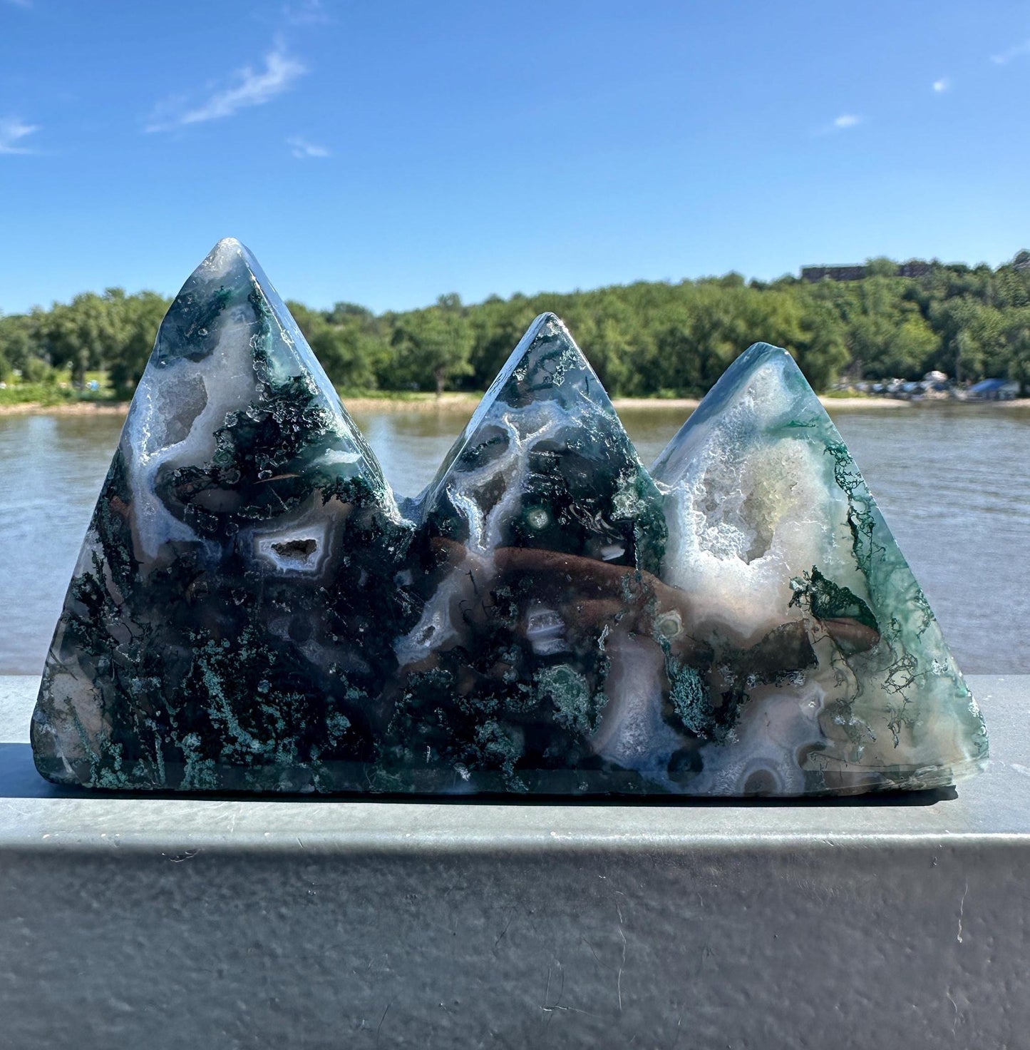 Beautiful Moss Agate Mountain Carving | Pencil Holder Carving