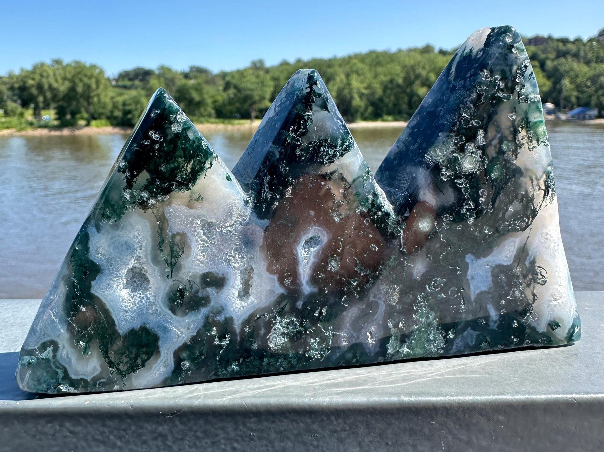 Beautiful Moss Agate Mountain Carving | Pencil Holder Carving