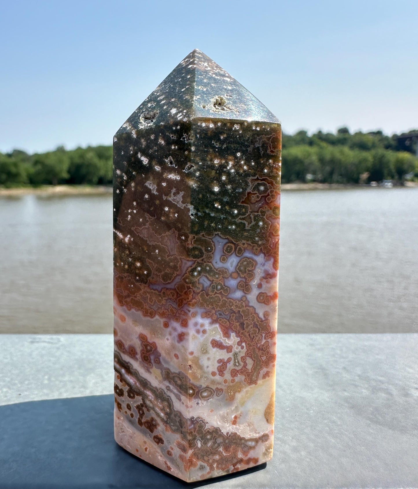 Stunning High Quality Green Orbicular Ocean Jasper Tower