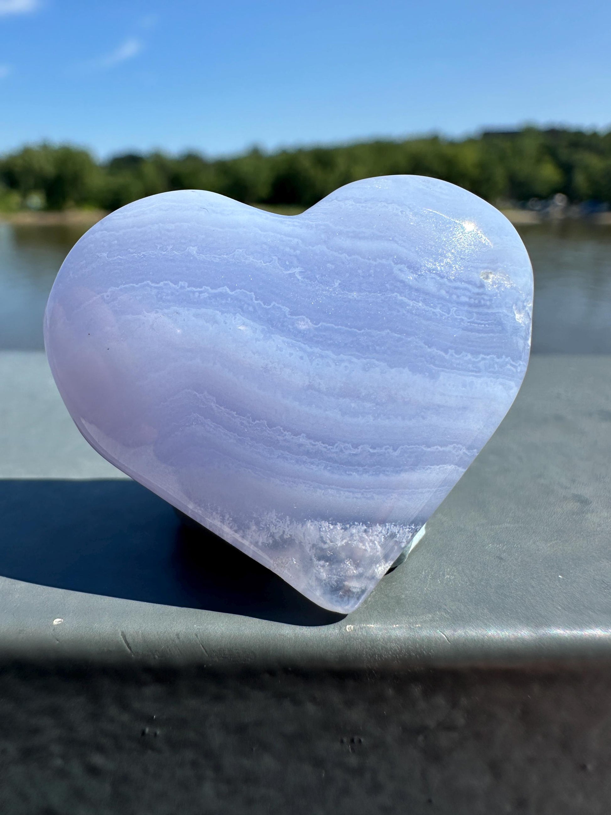 Blue Lace Agate Heart Carving with Gorgeous Banding