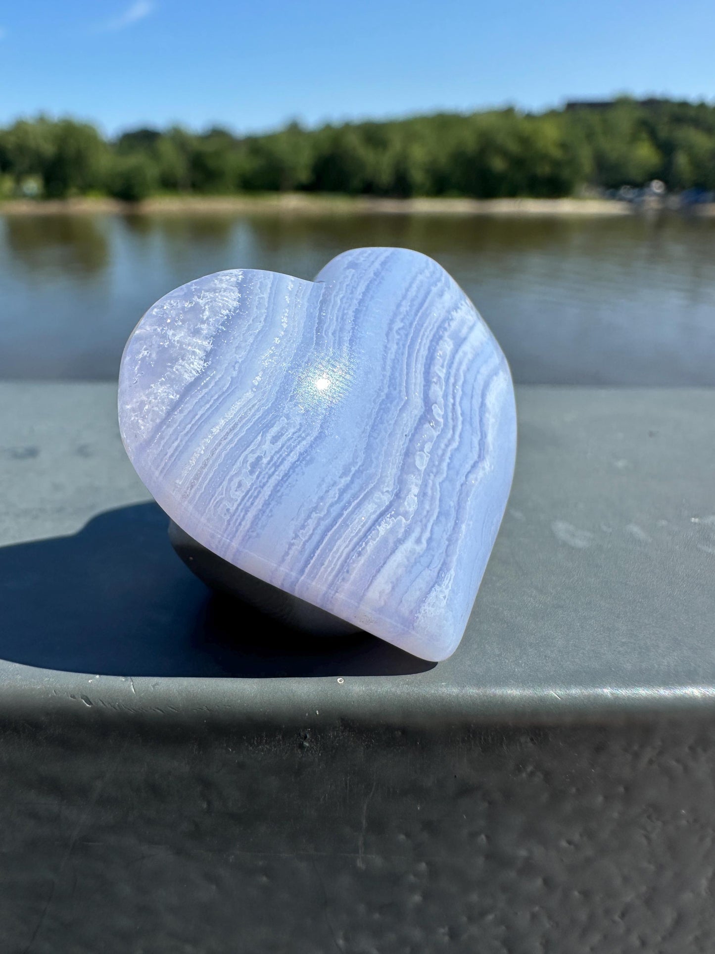 Blue Lace Agate Heart Carving with Gorgeous Banding