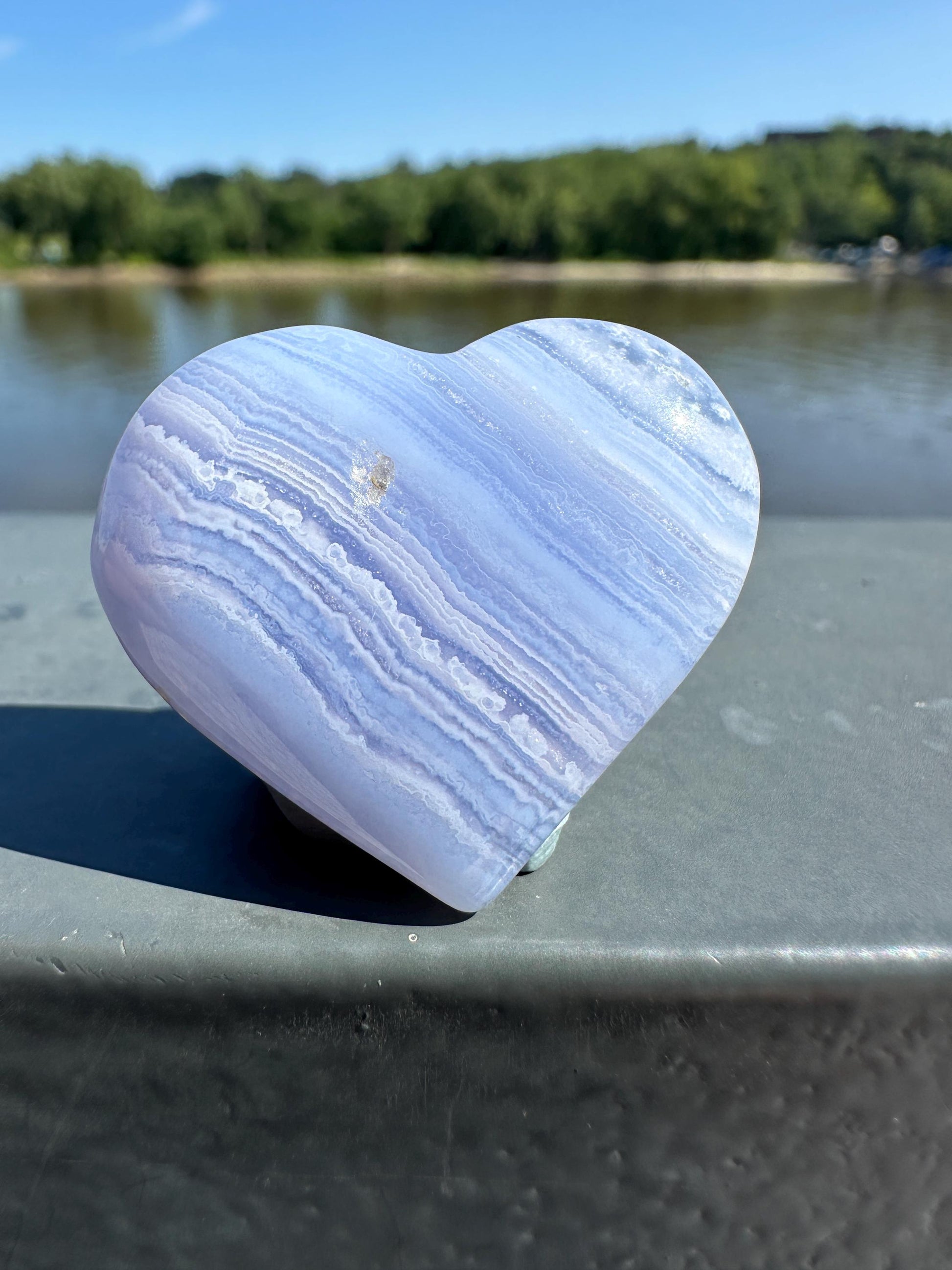 Blue Lace Agate Heart Carving with Gorgeous Banding