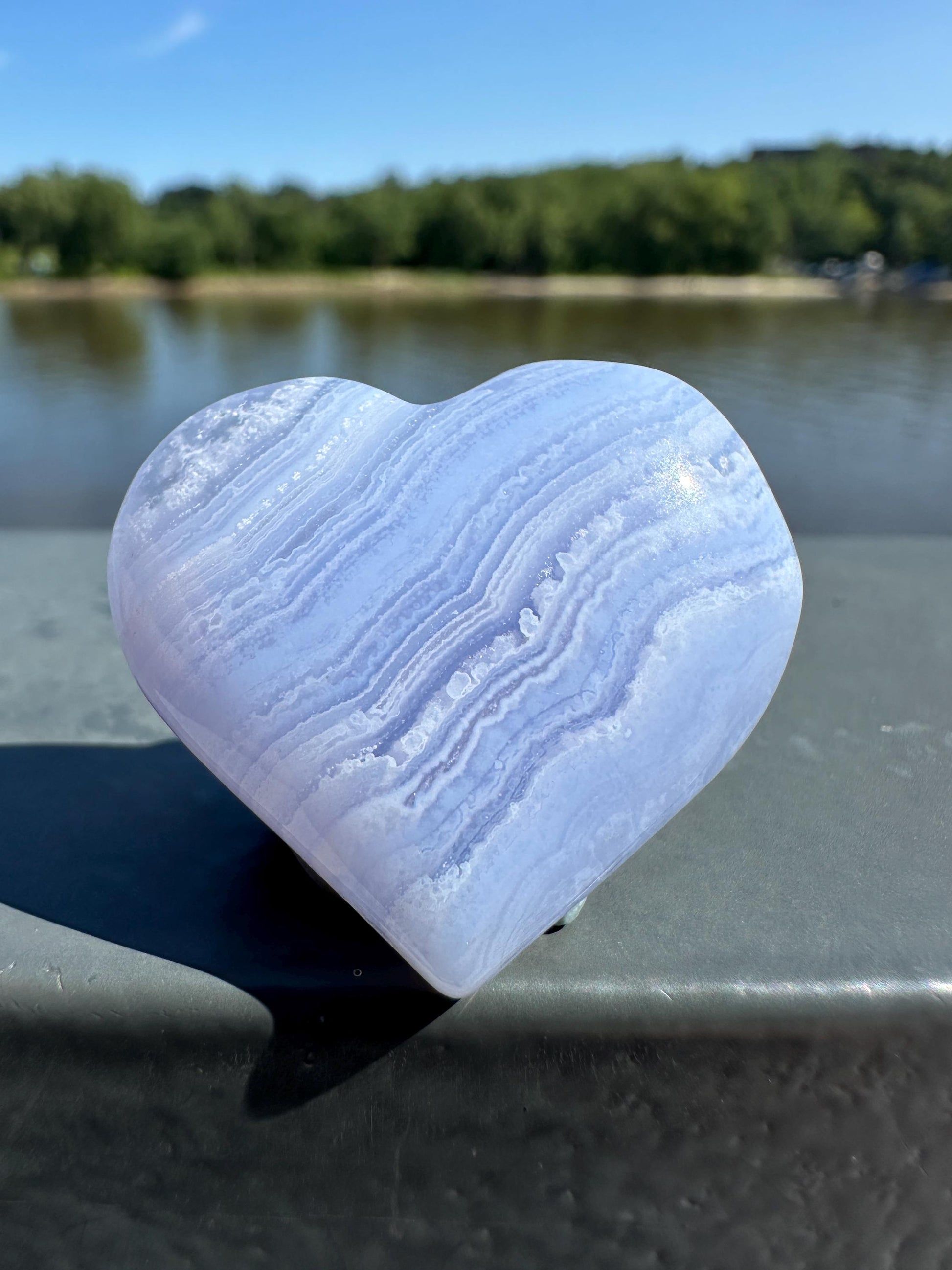 Blue Lace Agate Heart Carving with Gorgeous Banding