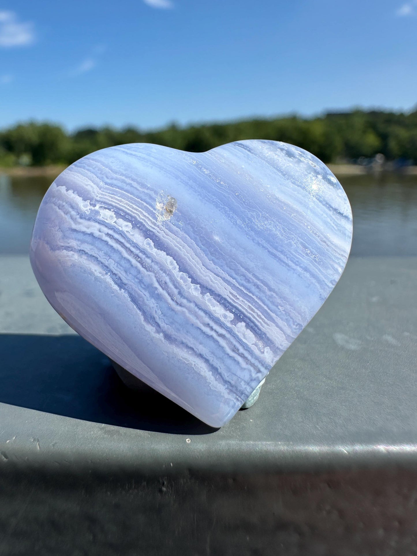 Blue Lace Agate Heart Carving with Gorgeous Banding