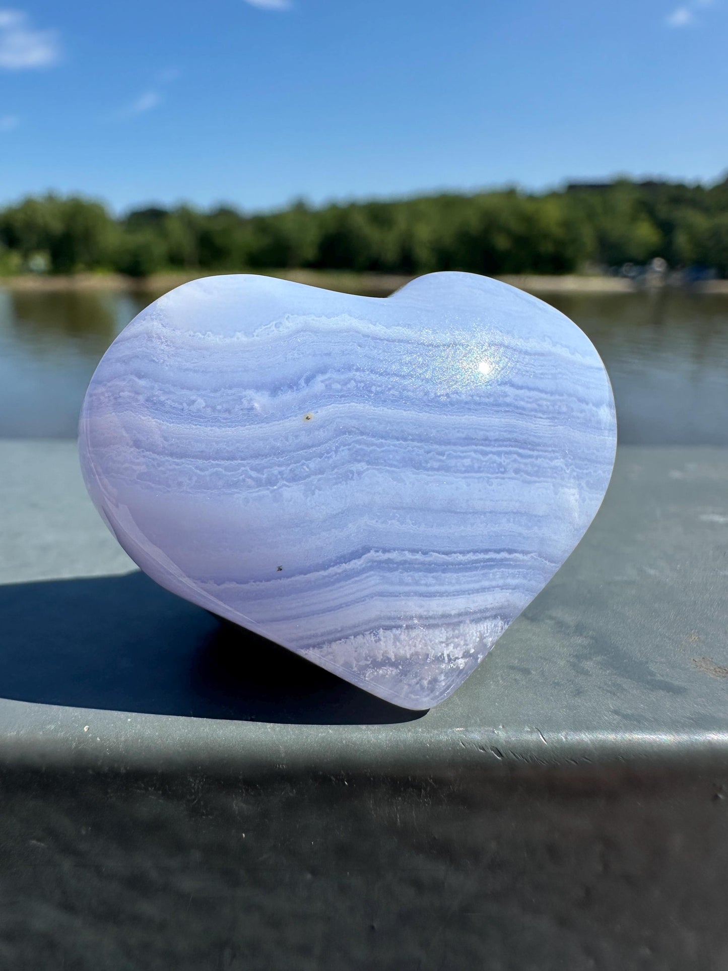 Blue Lace Agate Heart Carving with Gorgeous Banding