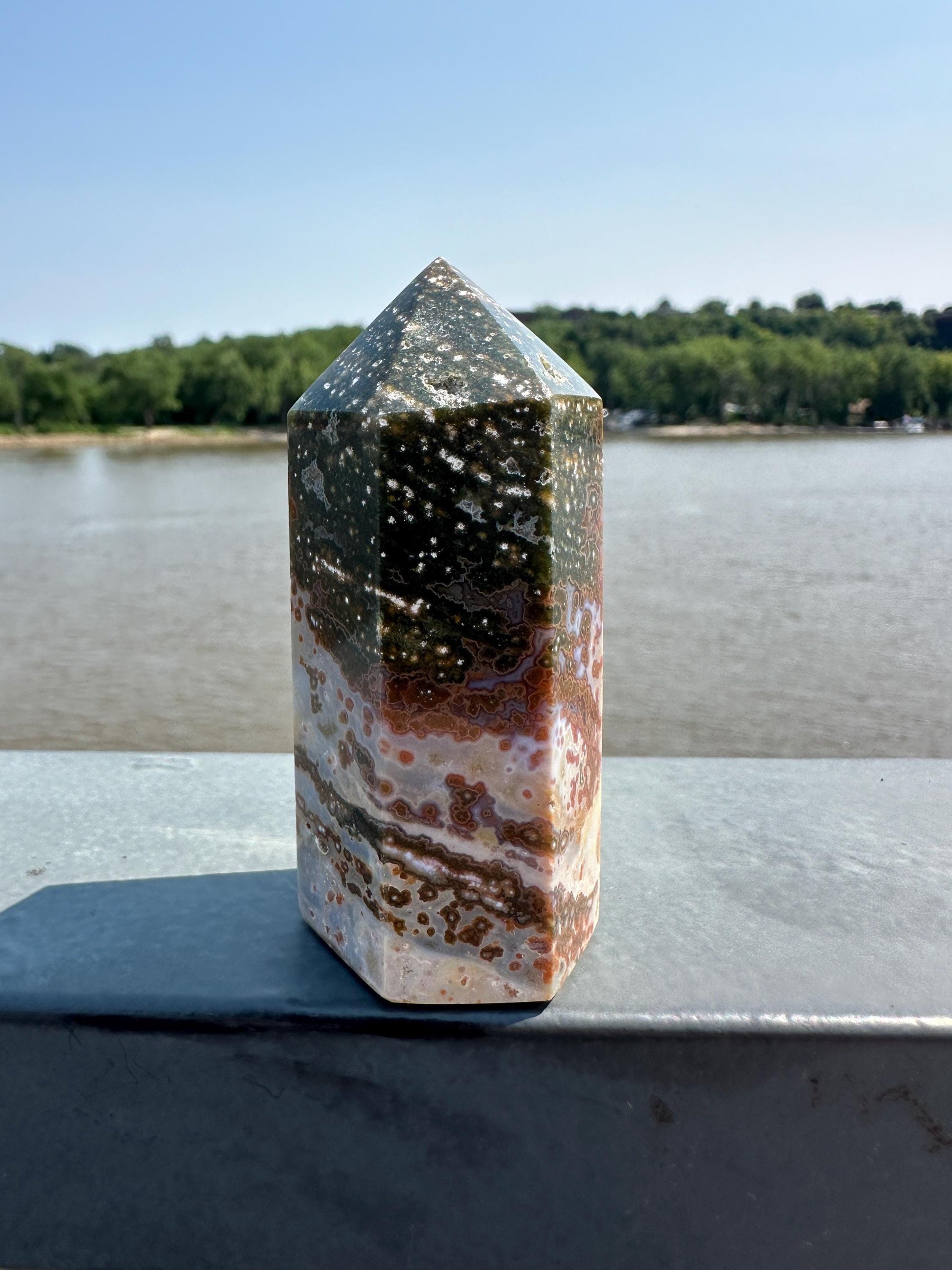 Stunning High Quality Green Orbicular Ocean Jasper Tower