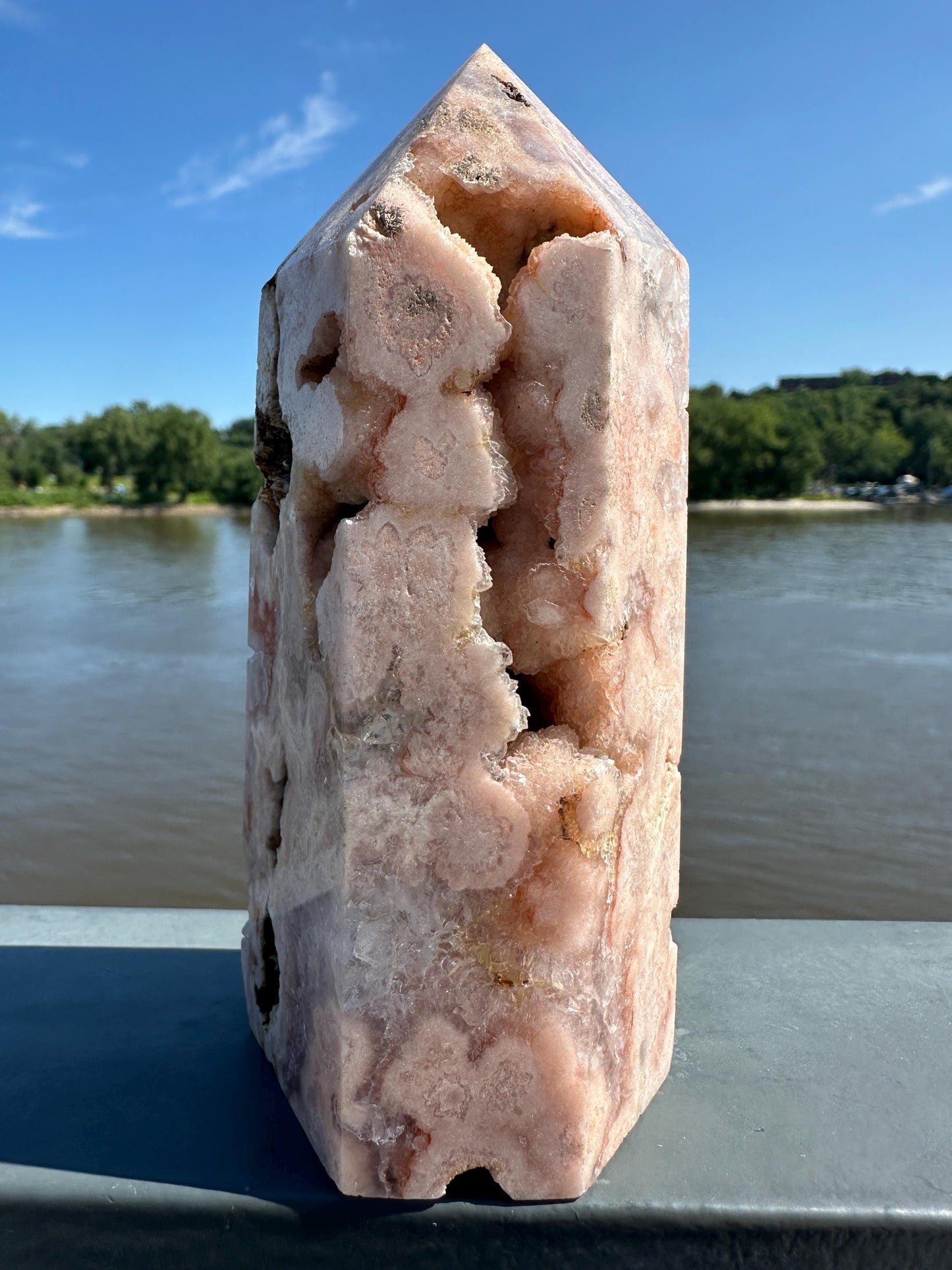 Stunning Pink Amethyst Flower Agate Large Polished Tower with Druzy