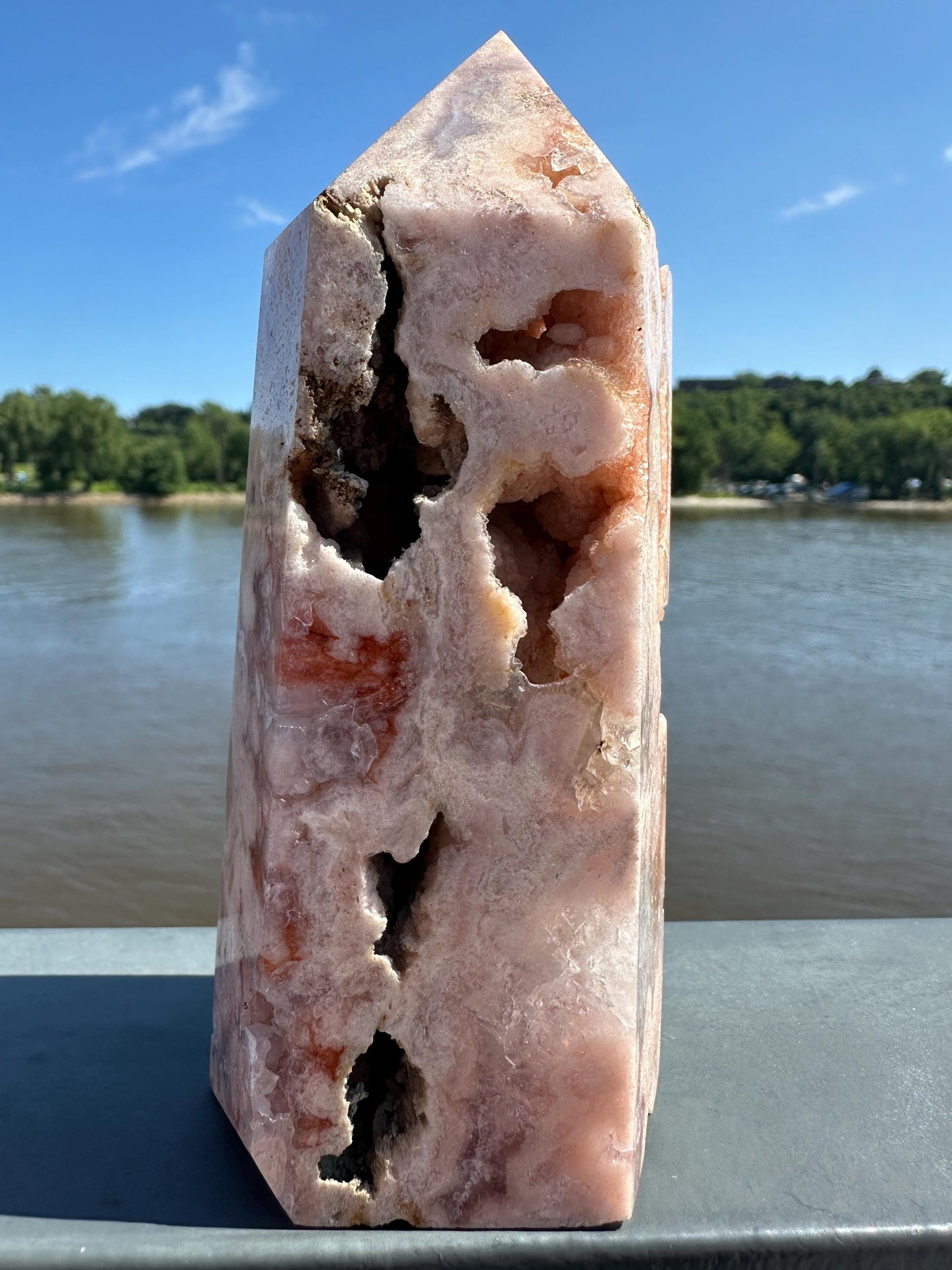 Stunning Pink Amethyst Flower Agate Large Polished Tower with Druzy