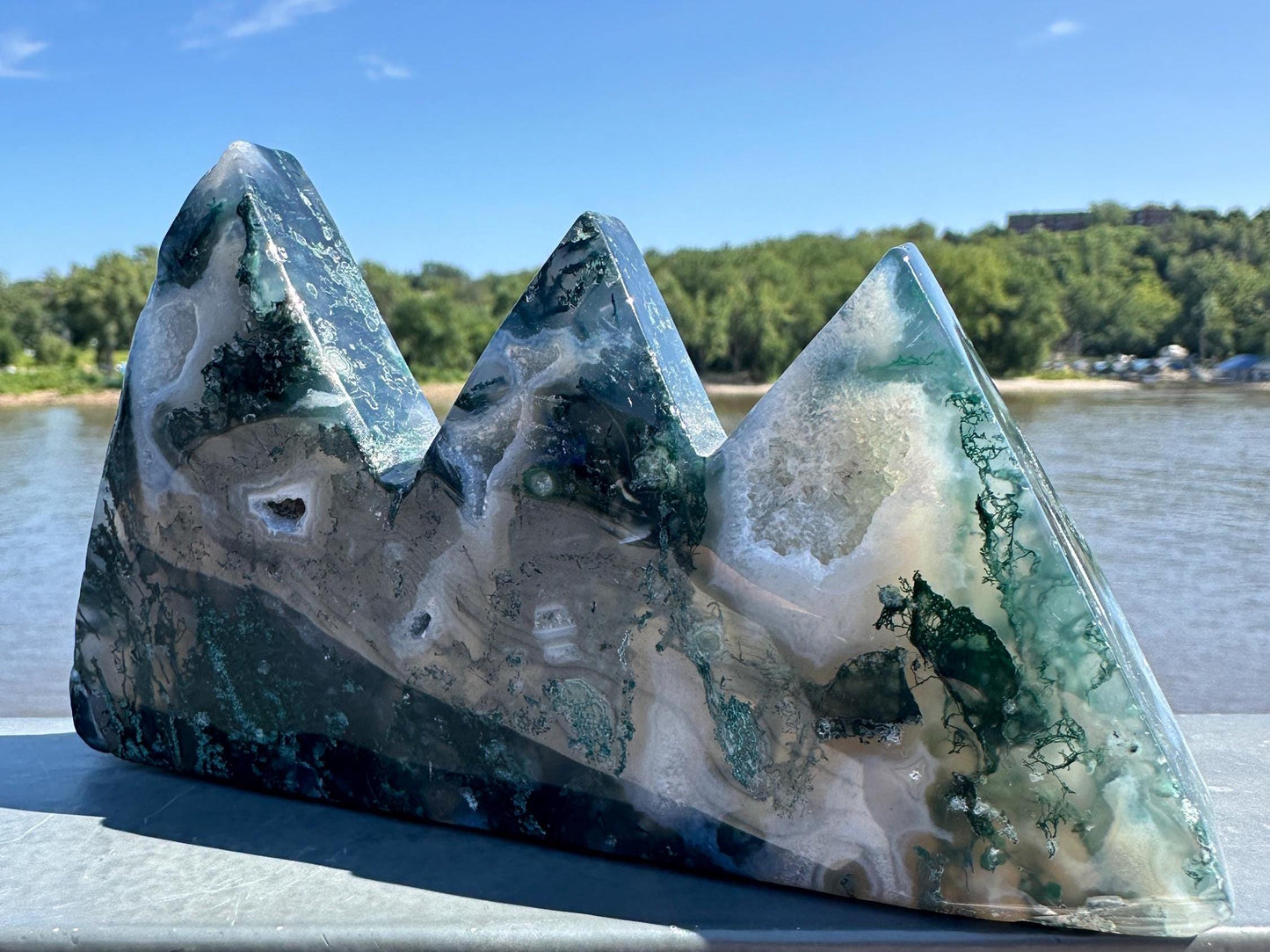 Beautiful Moss Agate Mountain Carving | Pencil Holder Carving