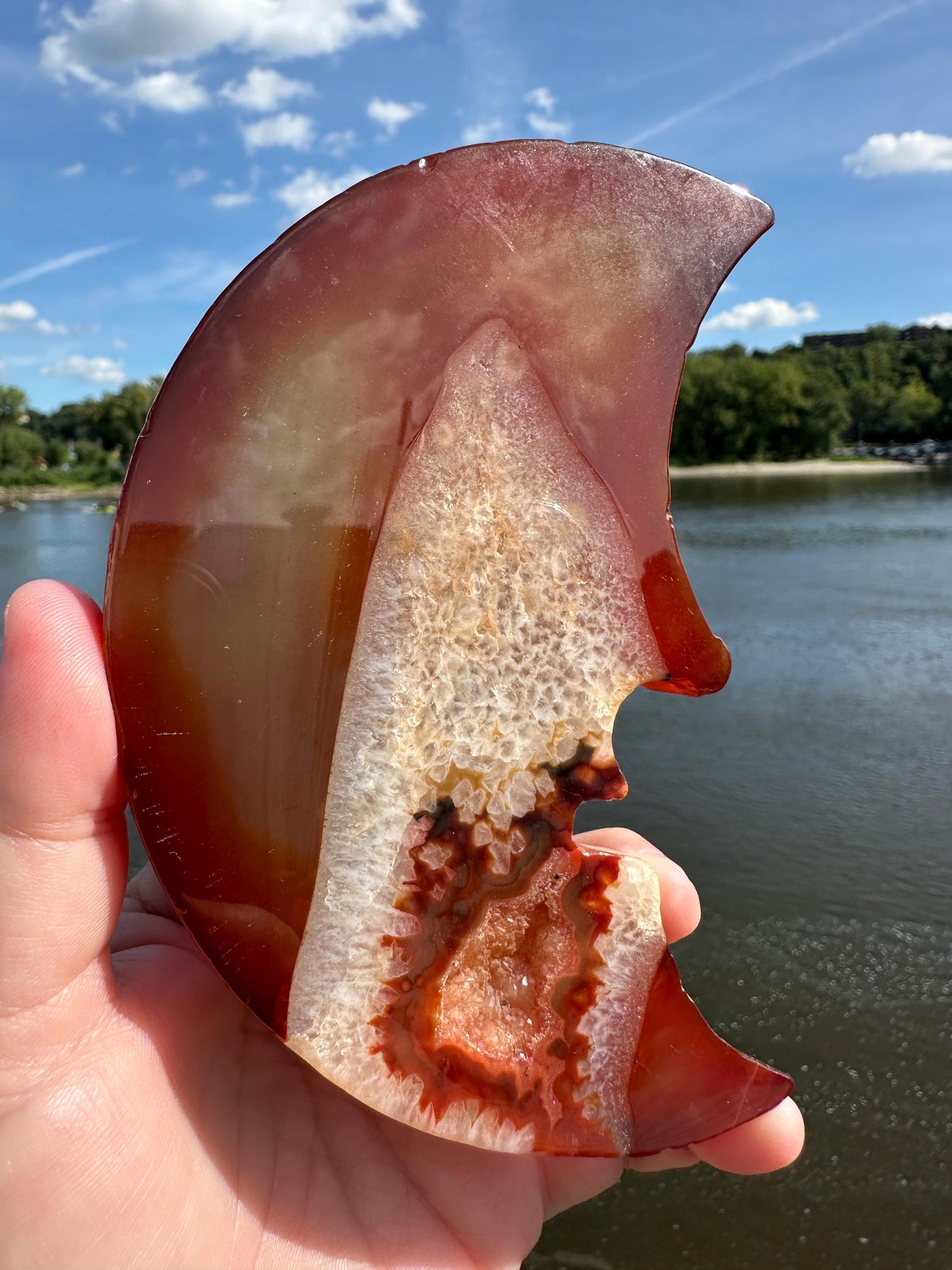 Stunning Carnelian Druzy Pocket Moon Carving with Quartz