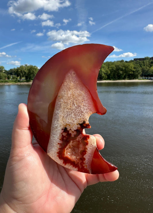 Stunning Carnelian Druzy Pocket Moon Carving with Quartz