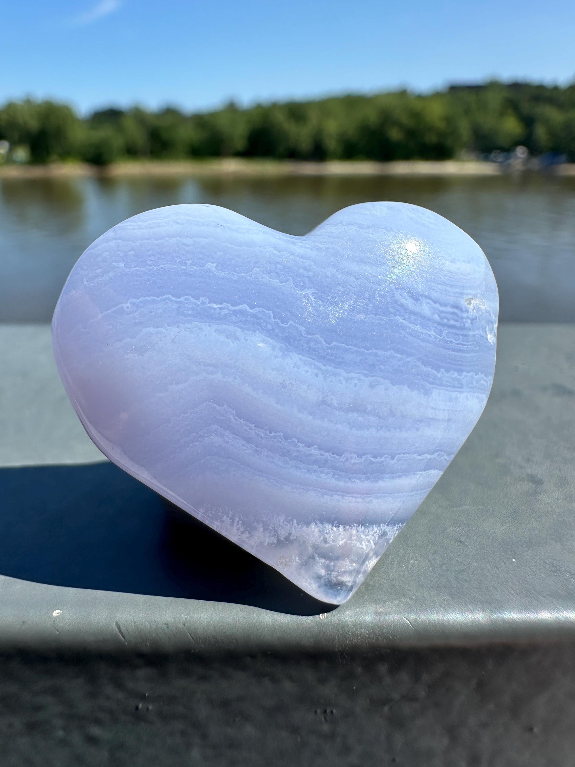 Blue Lace Agate Heart Carving with Gorgeous Banding