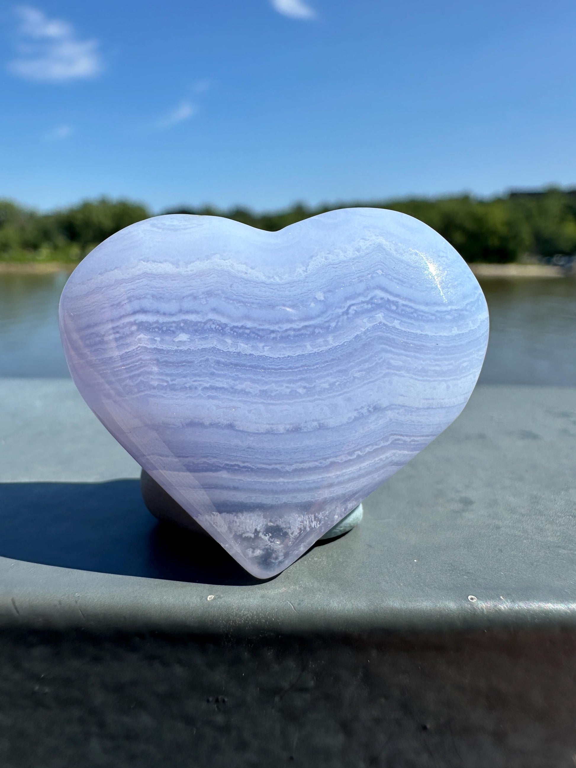 Blue Lace Agate Heart Carving with Gorgeous Banding