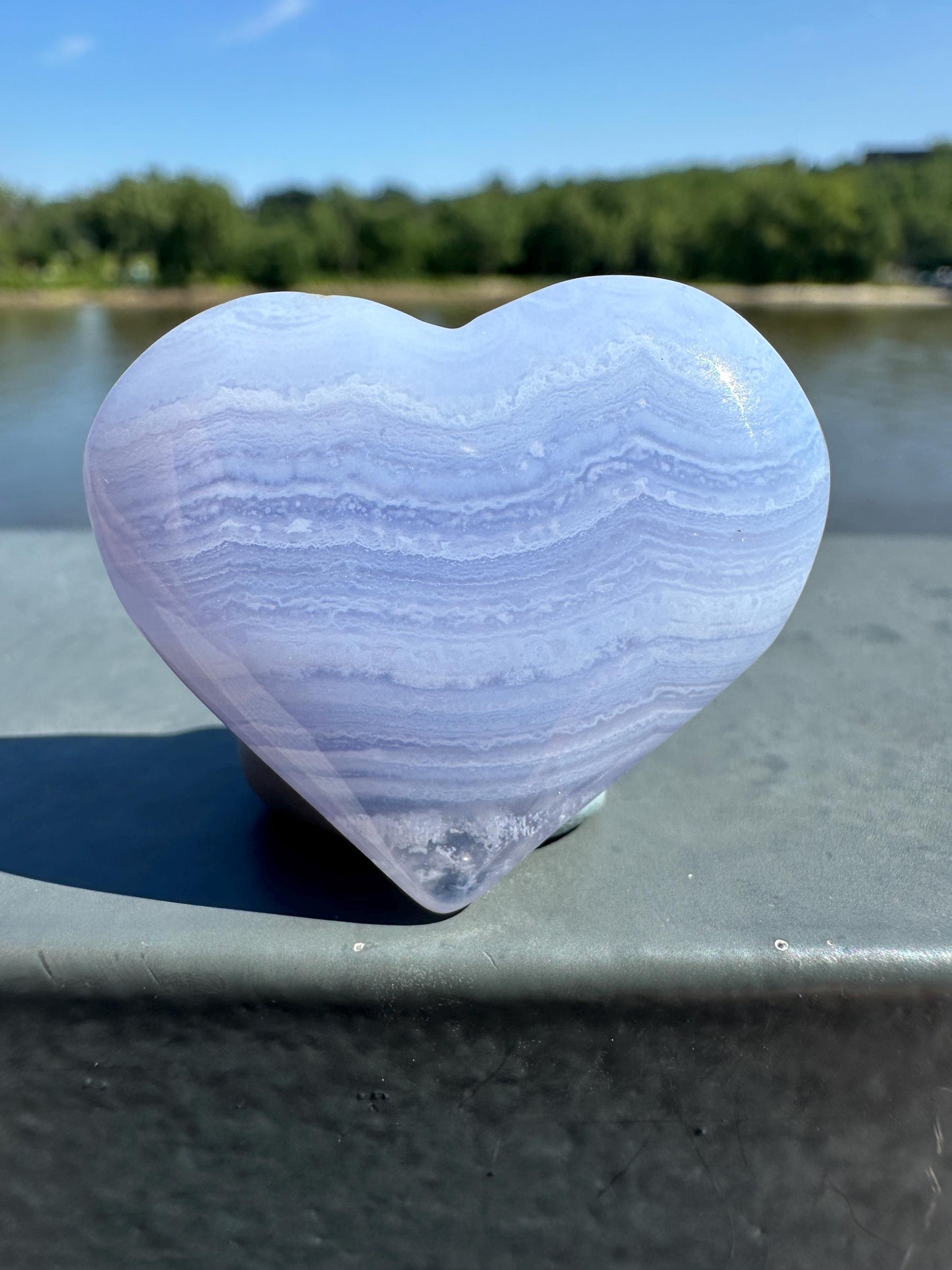 Blue Lace Agate Heart Carving with Gorgeous Banding