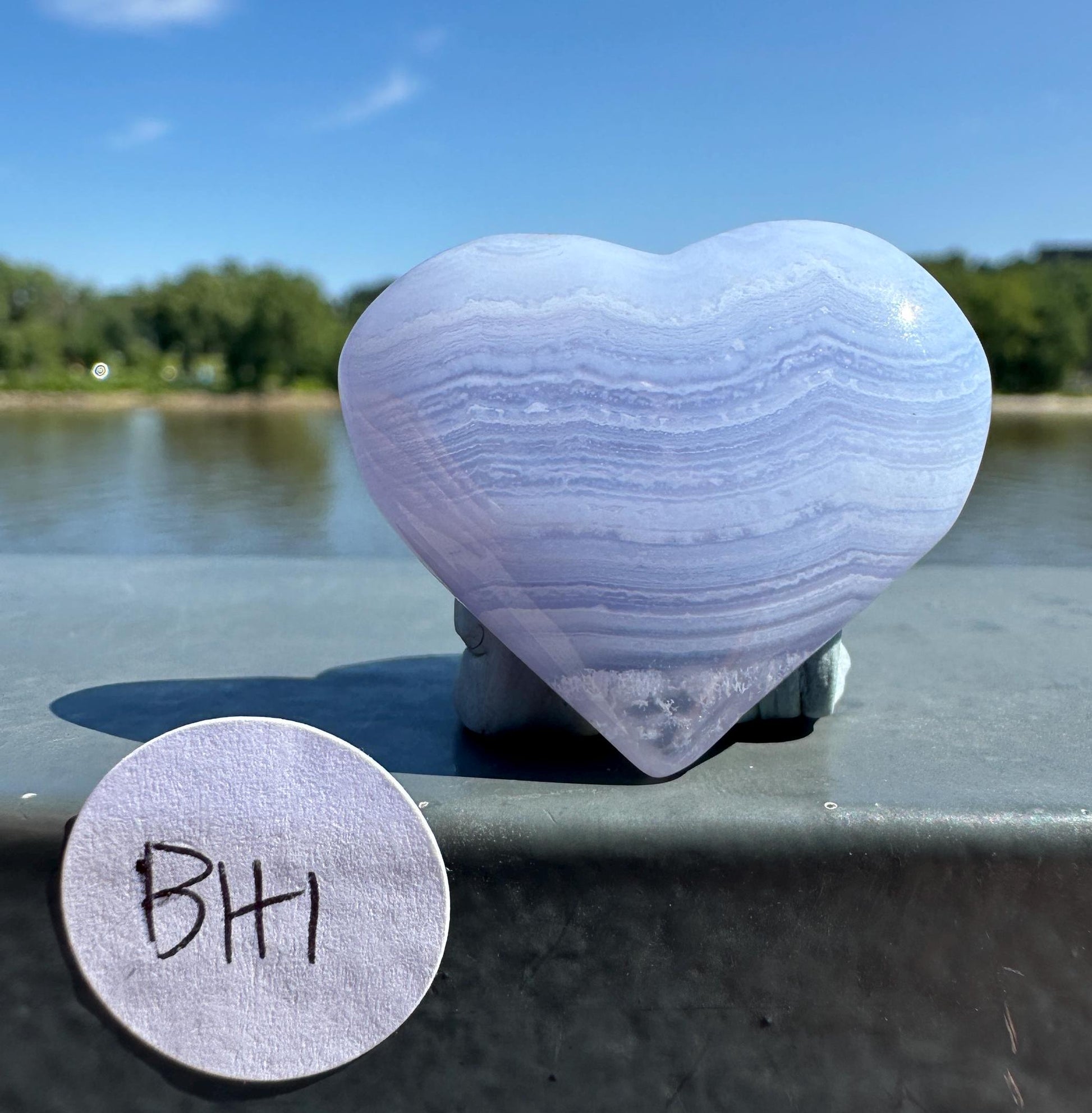 Blue Lace Agate Heart Carving with Gorgeous Banding