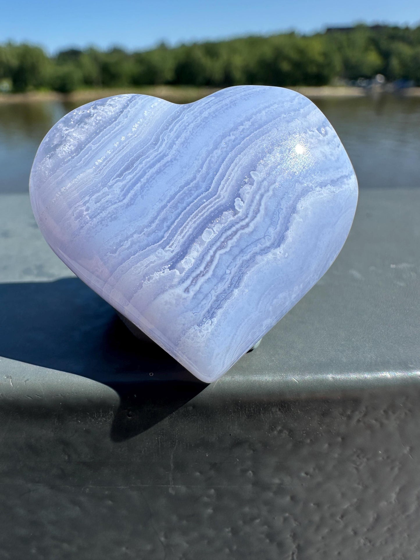 Blue Lace Agate Heart Carving with Gorgeous Banding